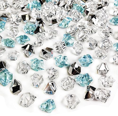 HappyFiller 14 OZ Clear,Sea Blue,Silver Mix Color Fake Ice Rocks Cubes | Acrylic Gems Stones for Winter Decorations,Wedding Centerpieces Table Scatters,Crafts,Home Accents