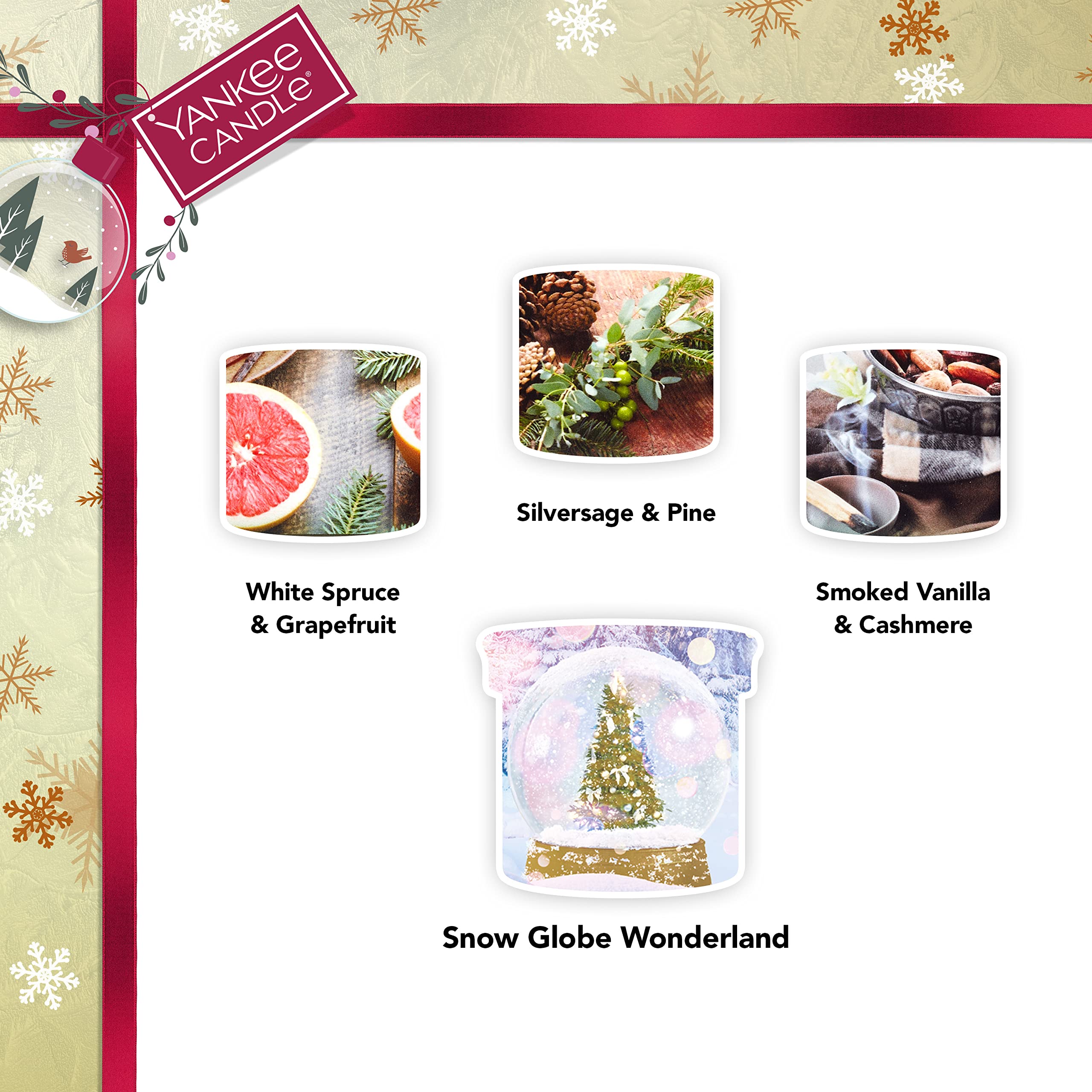 Yankee Candle Geschenk-Set 3 duftgefüllte Votivkerzen & 1 charakteristische kleine Kerze im Tumbler Schneekugel Wonderland Kollektion perfekte Geschenke für Frauen 1716529E