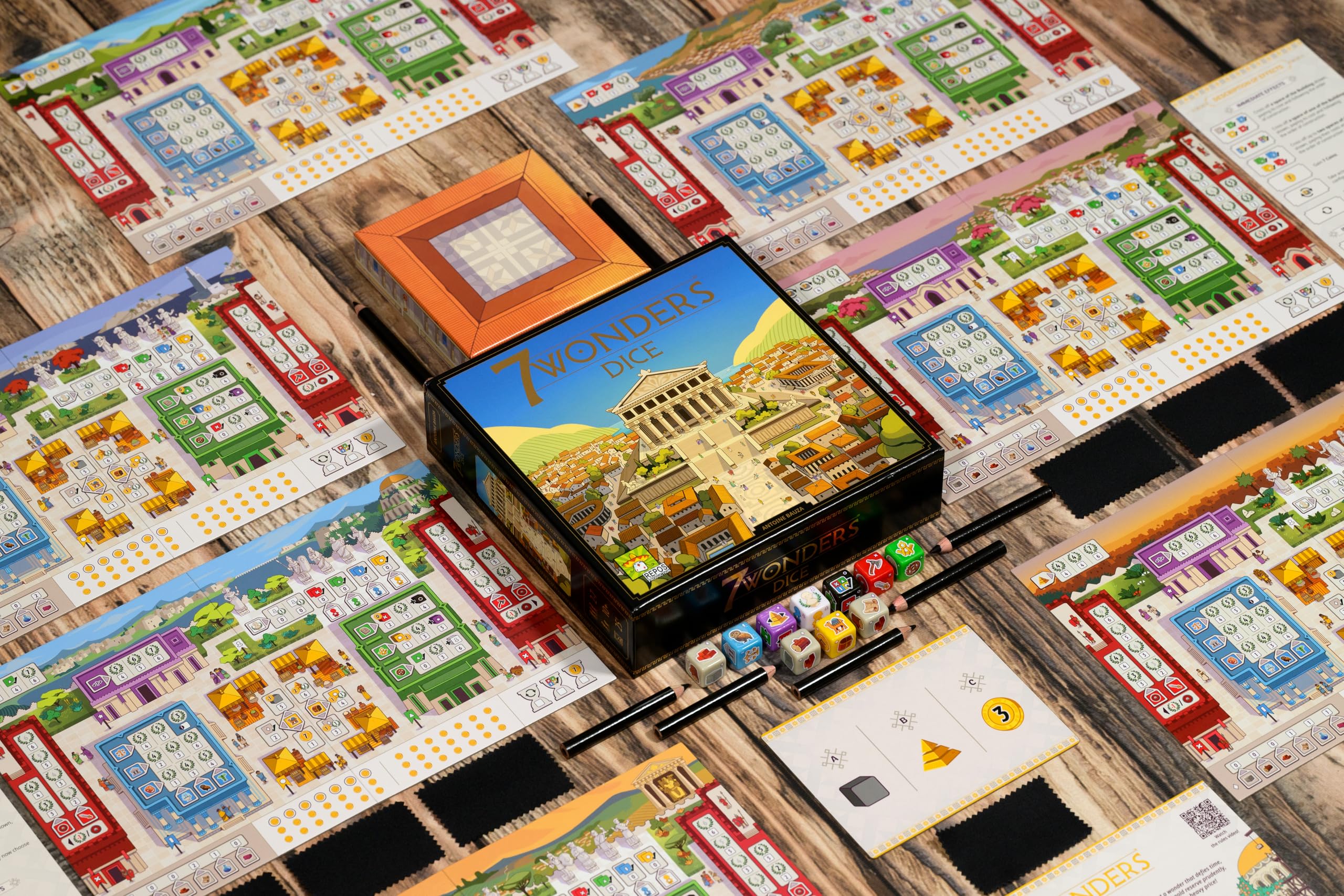 Repos Production Jeu de dés 7 Merveilles – Build Marvels, Advance Science & Trade – Jeu de stratégie de civilisation Antique pour familles, Enfants et Adultes, à partir de 10 Ans, 3 à 7 Joueurs, 30