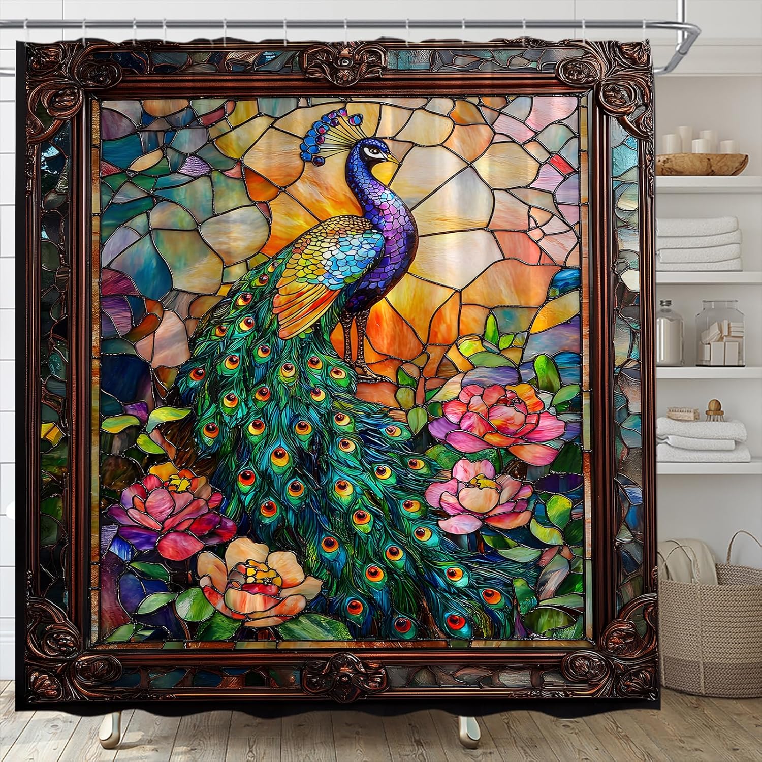 Peacock Shower Curtain Blue Green Peacock Feather Colorful Flower Stained Glass Vintage Elegant Animal Fabric Bathroom Curtain with Hooks(90" Wx70 H)