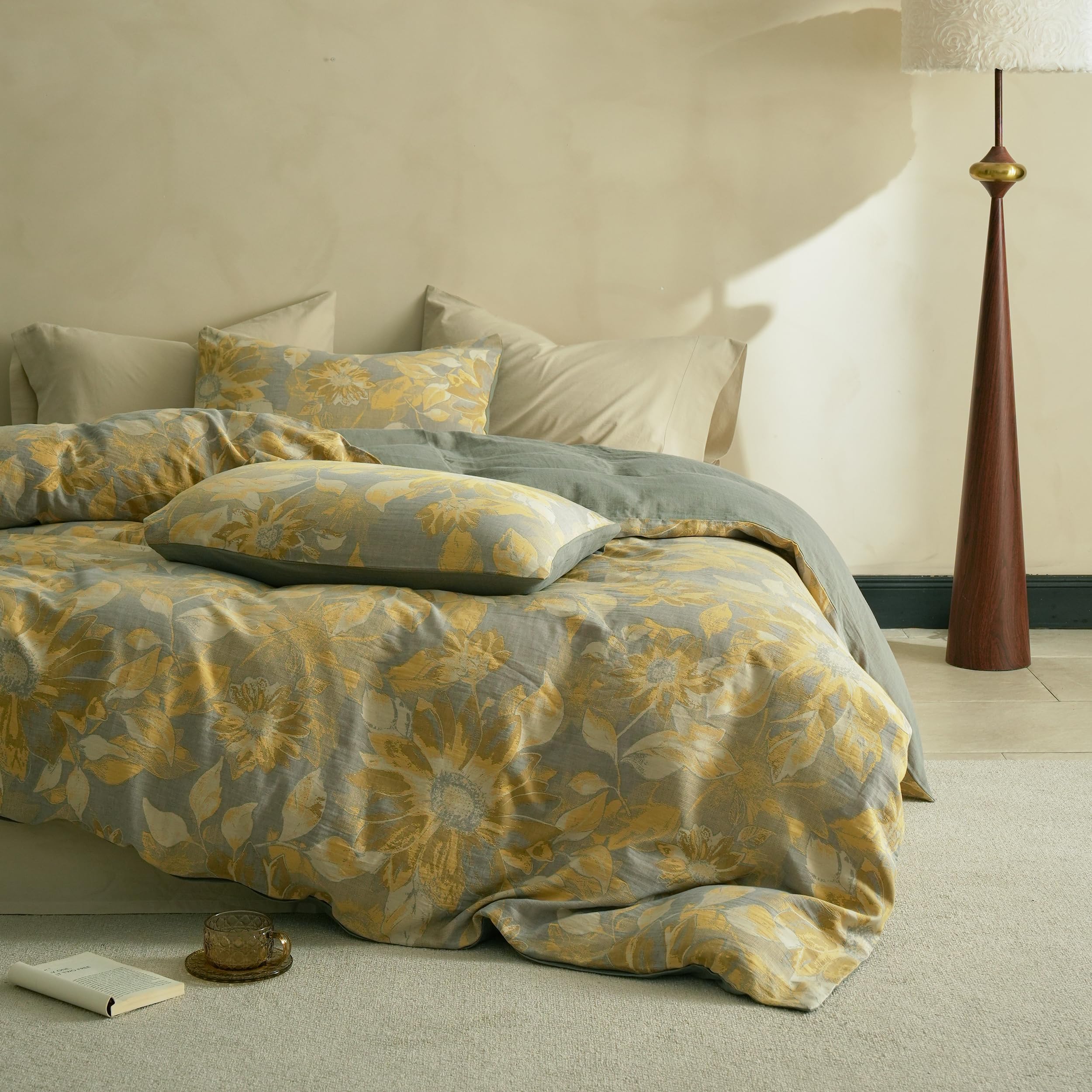 Simple&Opulence Muslin Duvet Cover Set King Size, 100% Washed Cotton 3 Pieces Yarn-Dyed Vintage Yellow Floral Jacquard Textured Bedding, Soft &