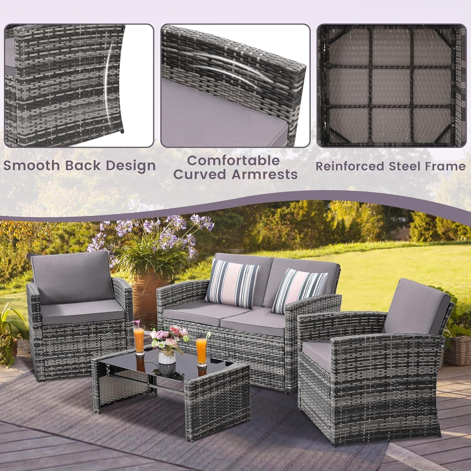 4-Piece Patio Furniture Set Wicker Outdoor Rattan Sectional Sofa with Cushions and Glass Table All-Weather Outdoor Conversation Sets for Garden Porch Backyard(Beige)