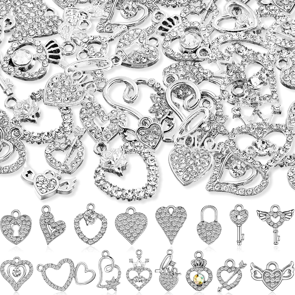 Kenning 48 piezas de 12 a 31 mm de San Valentín con forma de corazón y diamantes de imitación de aleación a granel con forma de corazón dulce, colgantes de cristal para pulseras, collares, pendientes, suministros para hacer joyas