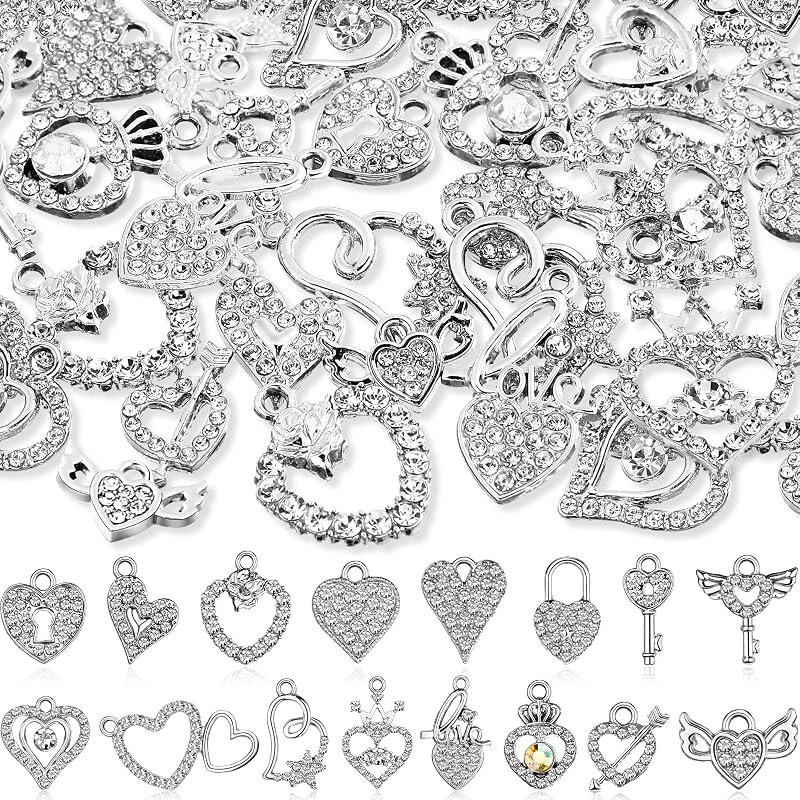 Kenning 48 piezas de 12 a 31 mm de San Valentín con forma de corazón y diamantes de imitación de aleación a granel con forma de corazón dulce, colgantes de cristal para pulseras, collares, pendientes, suministros para hacer joyas