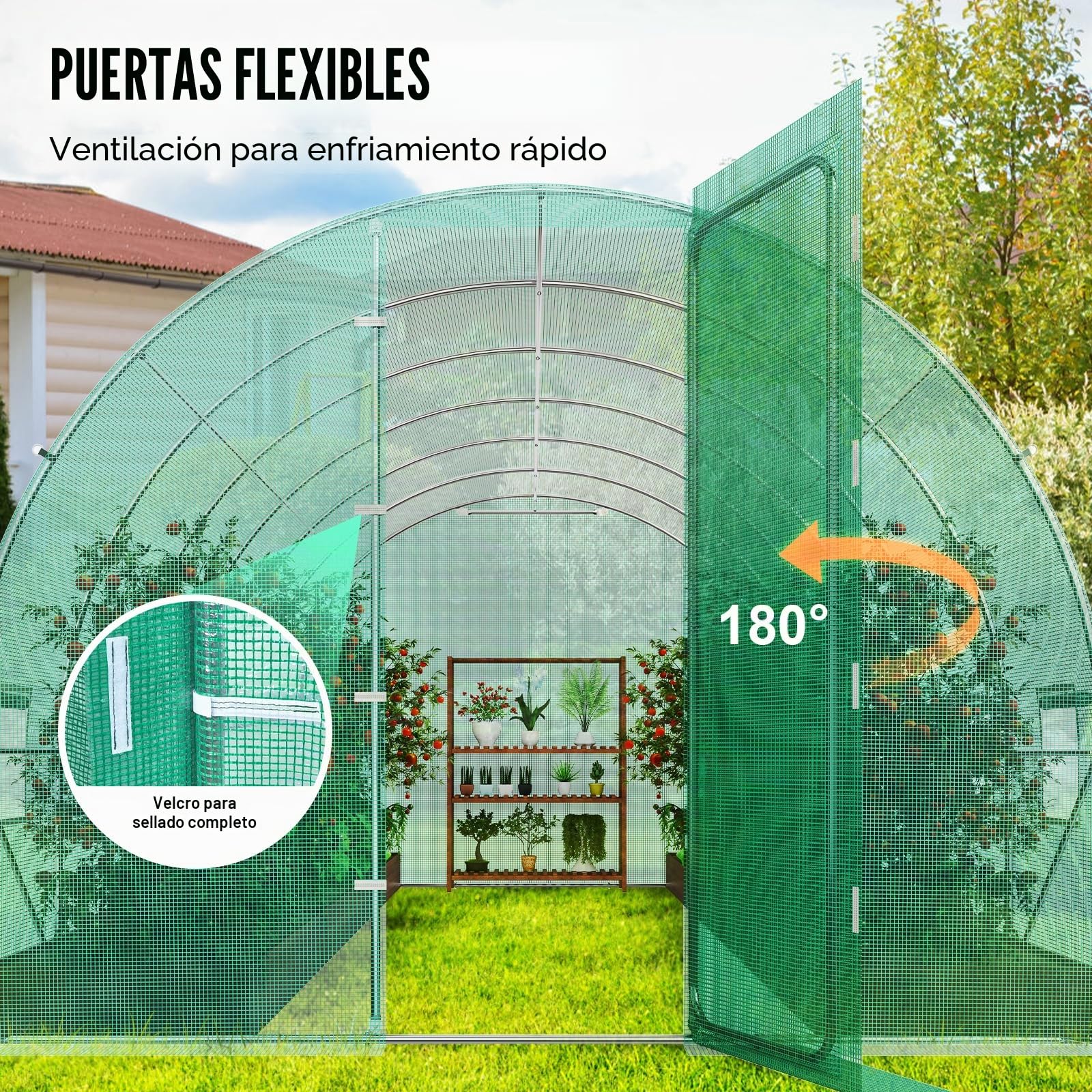 VEVOR Invernadero Túnel 590x295x225 cm Carpa Refugio para Plantas con Estructura de Acero Galvanizado Cubierta de PE Verde Puerta Enrollable con Cremallera 8 Ventanas para Cultivo de Verduras Flores