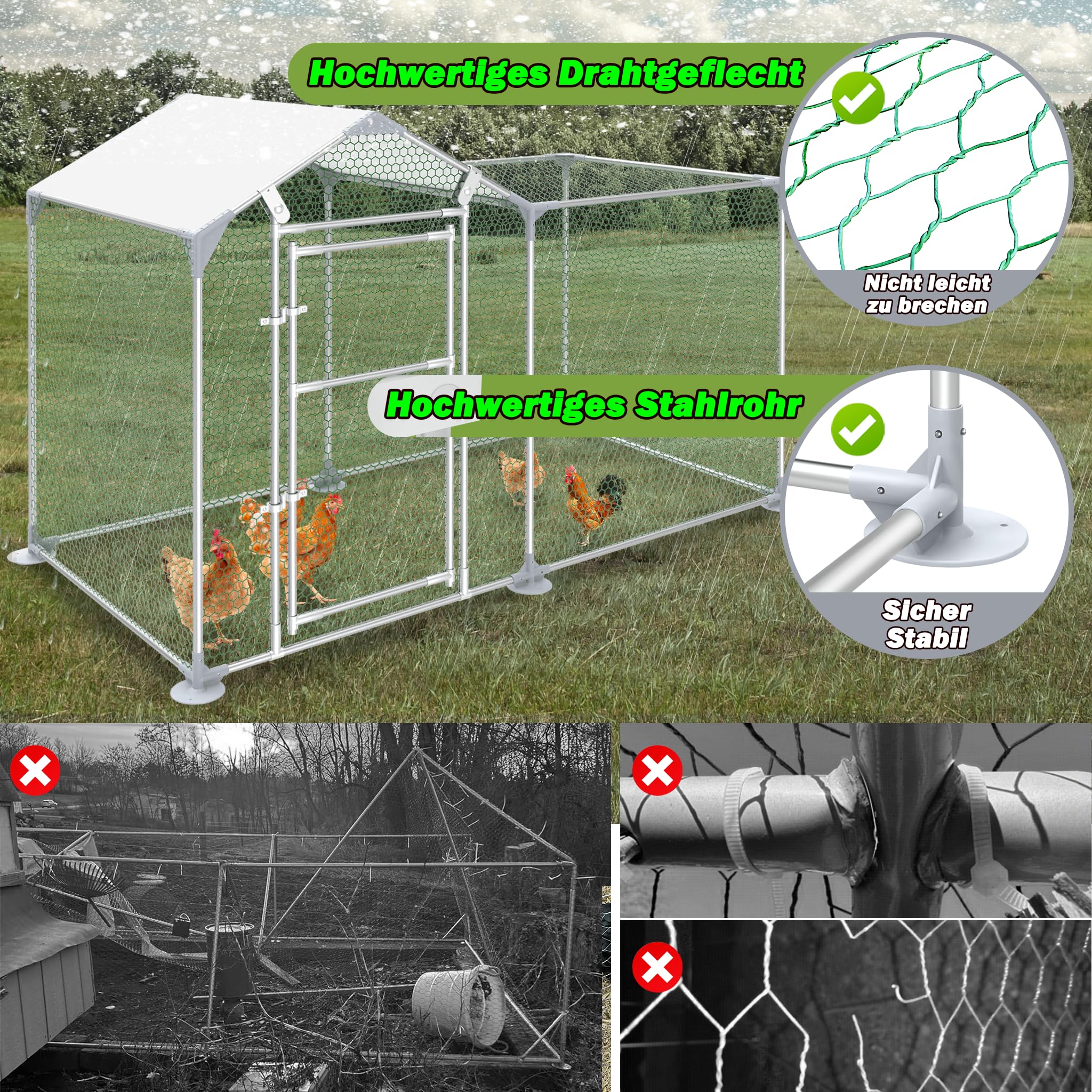 3x1m Hühnerstall, Freilaufgehege Kaninchen aus Verzinkter Stahl, Voliere Outdoor Wachtelstall mit Tür und PE Schatten Plane für Hühner Kleintiere, 3 m²