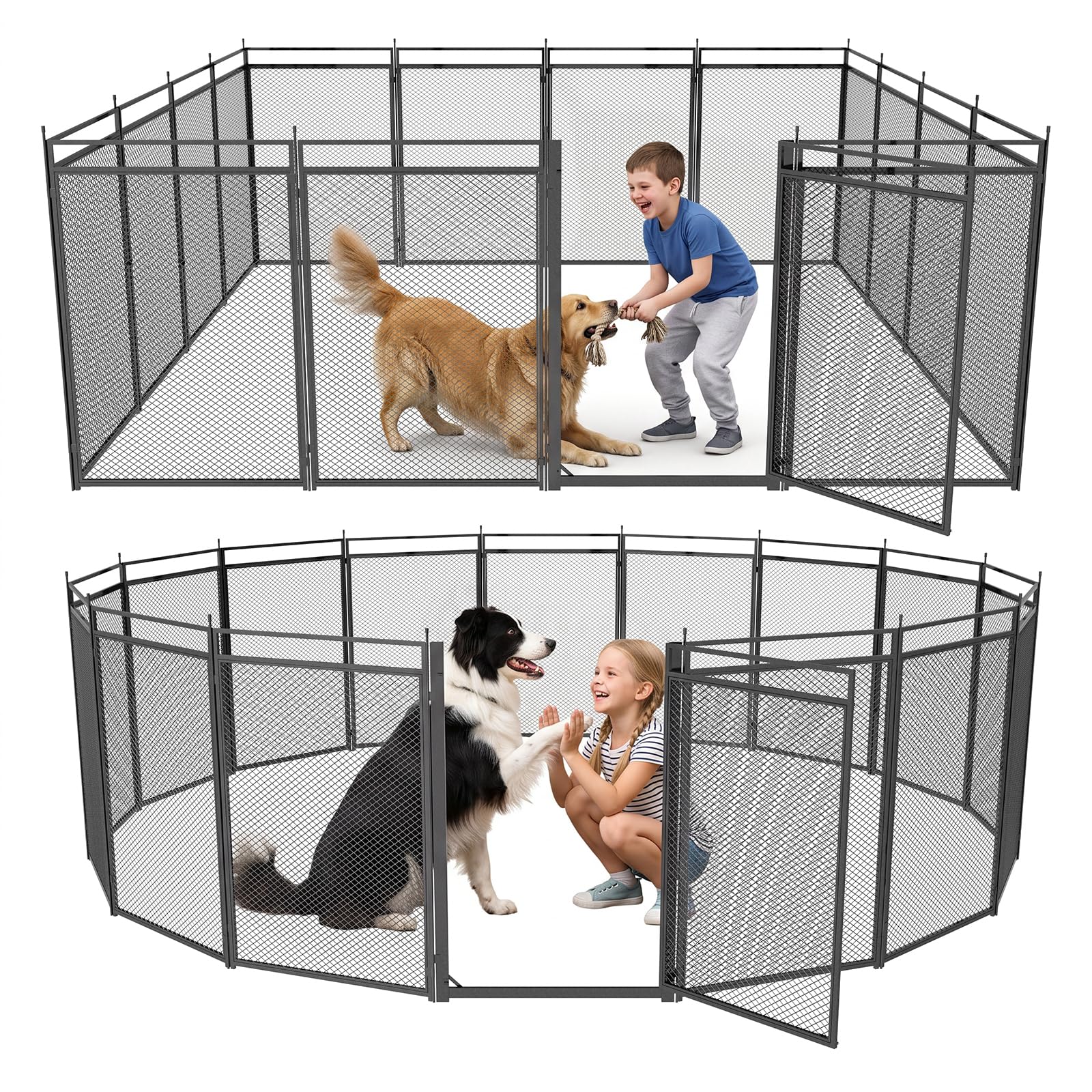 Dog Playpen with Safety Mesh, 40" Height 16 Panels Metal Dog Fence Indoor Outdoor, Portable Dog Kennel for Camping, Yard &amp; RV | Black-Silver