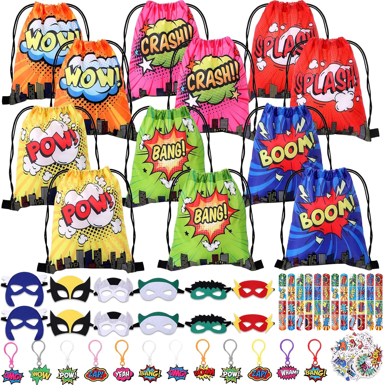 98Pcs Hero Party Favors12 Set Super Theme Hero Party Supplies Drawstring Bag Backpack with Keychains hero Mask Goodie Bag Stickers Presents Gift Set Slaps Bracelets Birthday
