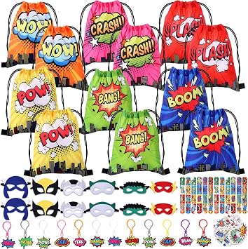 98Pcs Hero Party Favors12 Set Super Theme Hero Party Supplies Drawstring Bag Backpack with Keychains hero Mask Goodie Bag Stickers Presents Gift Set Slaps Bracelets Birthday