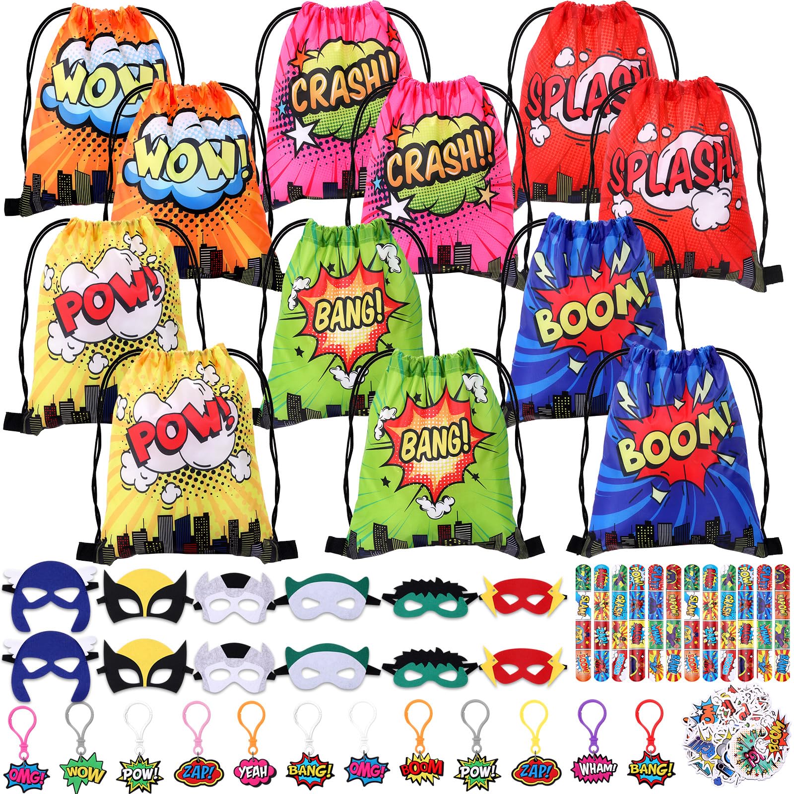 98Pcs Hero Party Favors for Kids 12 Set Super Theme Hero Party Supplies Drawstring Bag Backpack with Keychains hero Mask Goodie Bag Stickers Toy