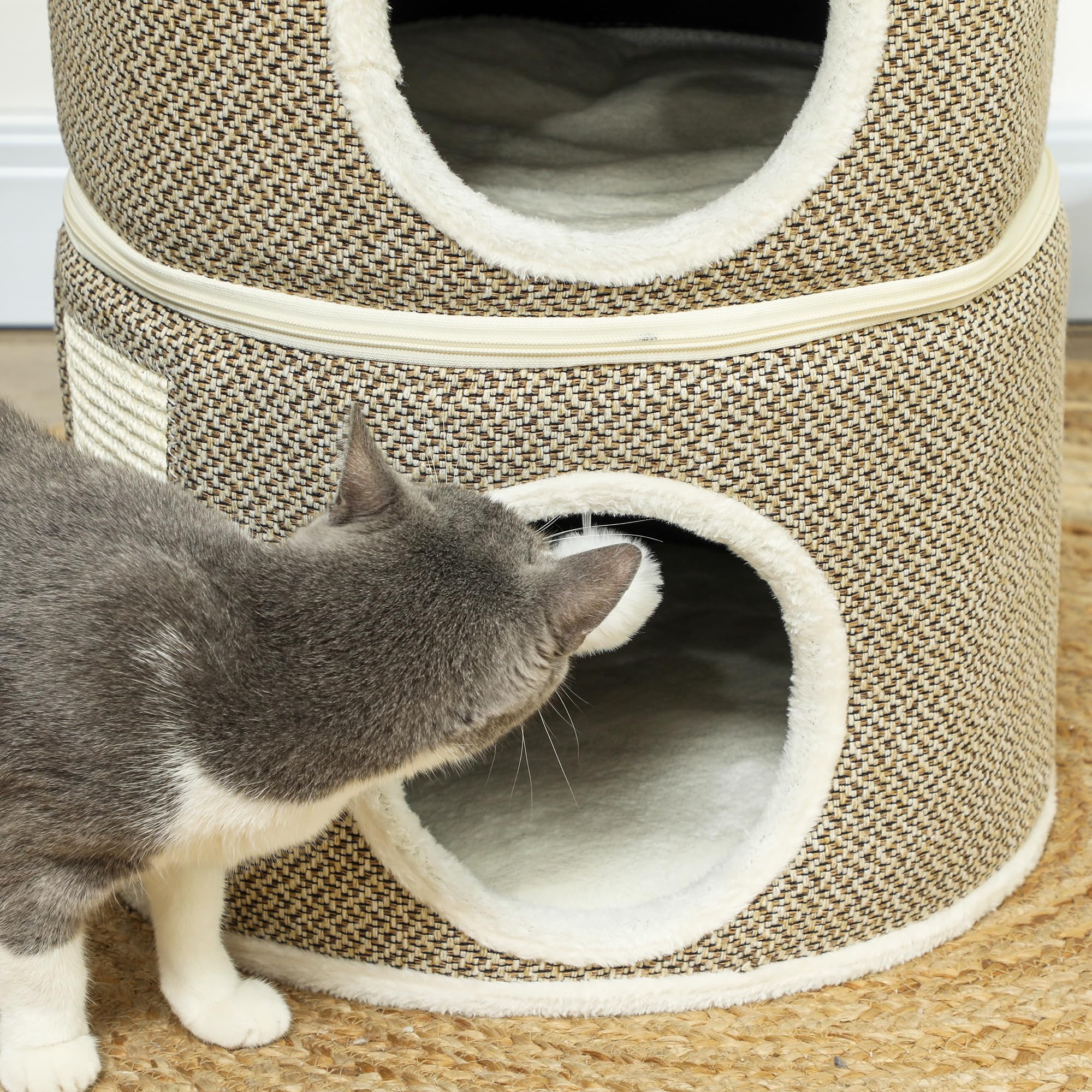 PawHut Tonneau à chat en sisal de 56 cm de haut avec grotte, arbre à chat, tour de chat, pour chat jusqu'à 5 kg, café