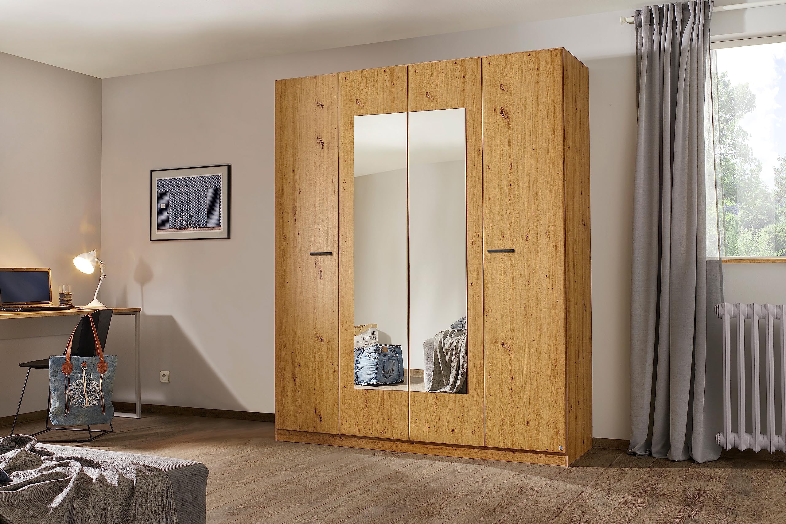 Rauch Möbel Florenz Schlafzimmer, Eiche Artisan, Holz, bestehend aus Bett mit Liegefläche 160x200 cm inklusive 2 Nachttische und Drehtürenschrank mit Spiegel BxHxT 181x210x54 cm