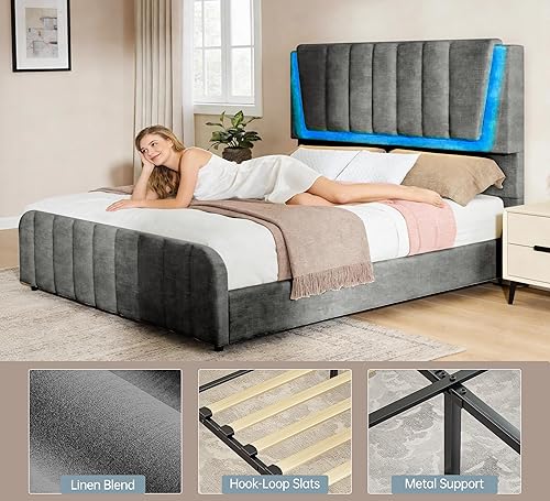 Miniatura 3 de Base de cama matrimonial con 2 cajones de almacenamiento, cama moderna de lino con cabecera tapizada, marco de cama con cabecera tapizada ajustable