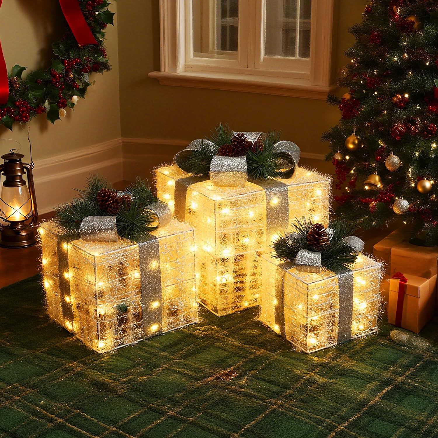 3PCS Christmas Lighted Gift Boxes LED White Fake Presents Christmas Decoration Xmas Decor for Outdoor Indoor Yard Party Holiday Home