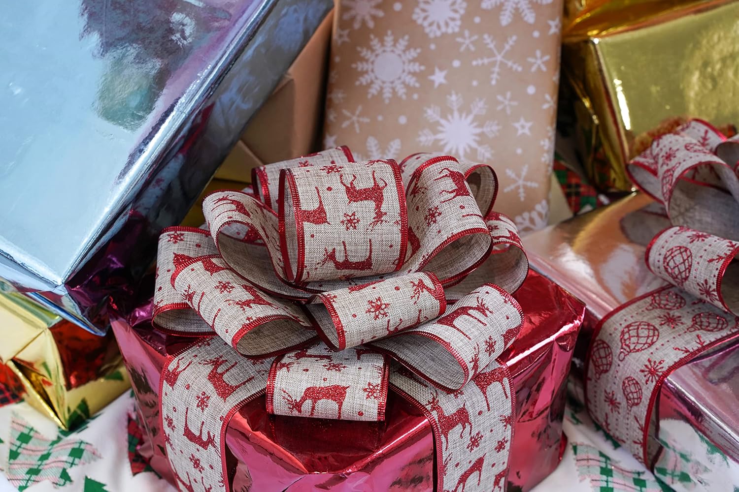 MEEDEE Christmas Ribbon Set 2.5 Inch, 6 Rolls 36 Yards, Wired Burlap and Red Glitter Ribbon for Tree Decorations, Wreath Bows, Garland Decor