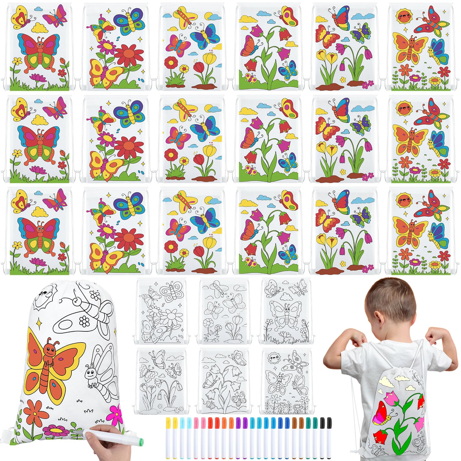 Cosblank 24 Pcs Color Your Own Drawstring Bags Coloring Party Goodie Favor Bags Birthday Party Crafts with Markers School Classroom DIY Projects Supplies(Butterfly)