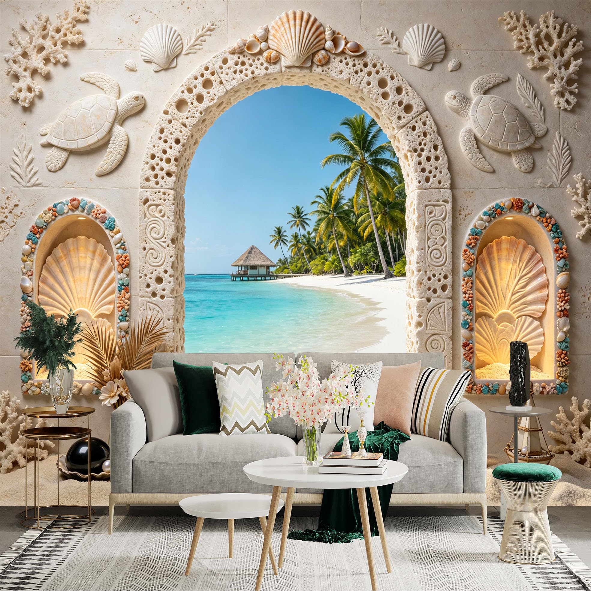 Custom Size Wall Sticker Mural， Tropical Beach with Palm Trees， Seashell Archway and Ocean View， for wall Decoration， peelandstick wall Decals.