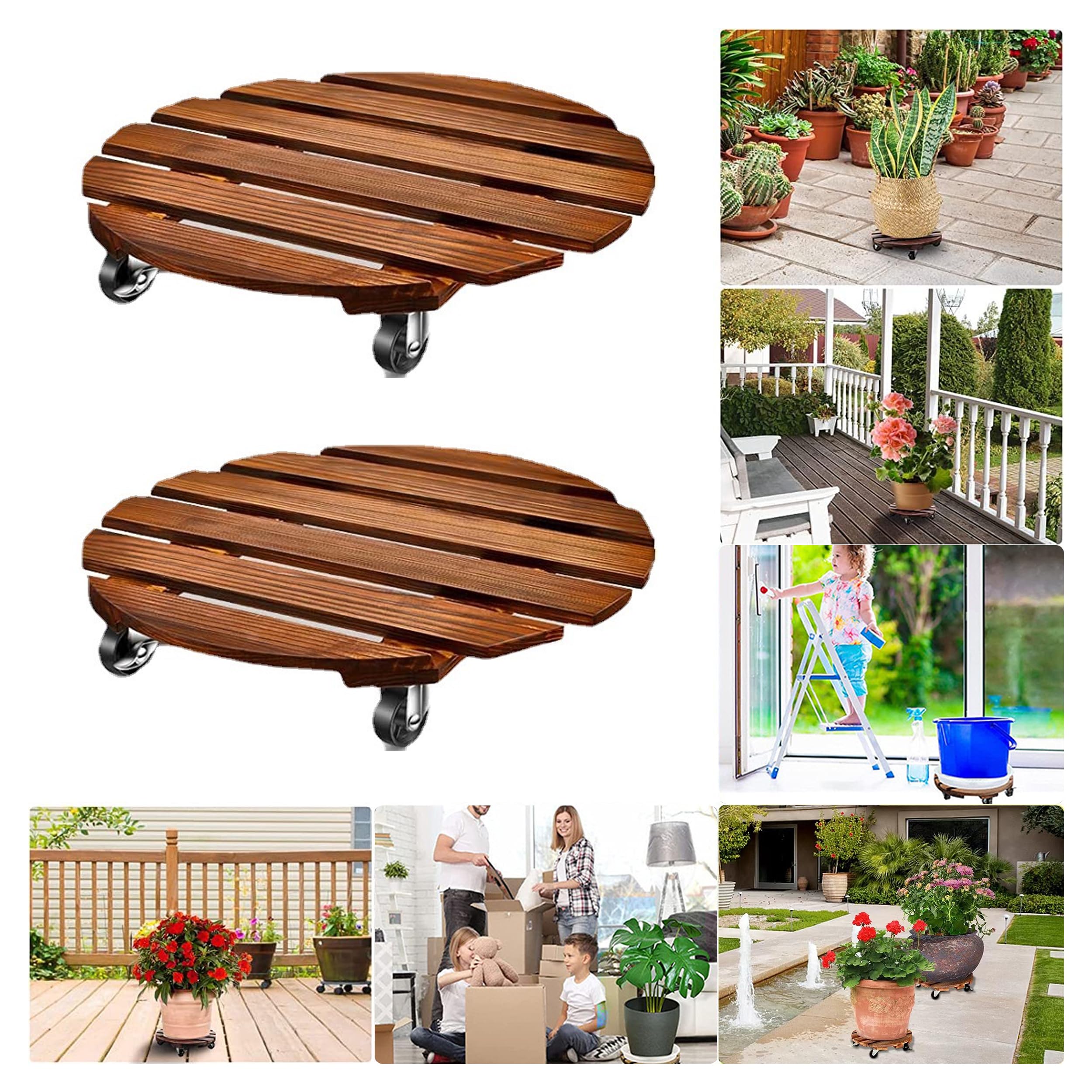 Lot De 2 Supports Plantes Bois 30 Cm Avec Roues Verrouillables - Charge 68 Kg Intérieur Extérieur