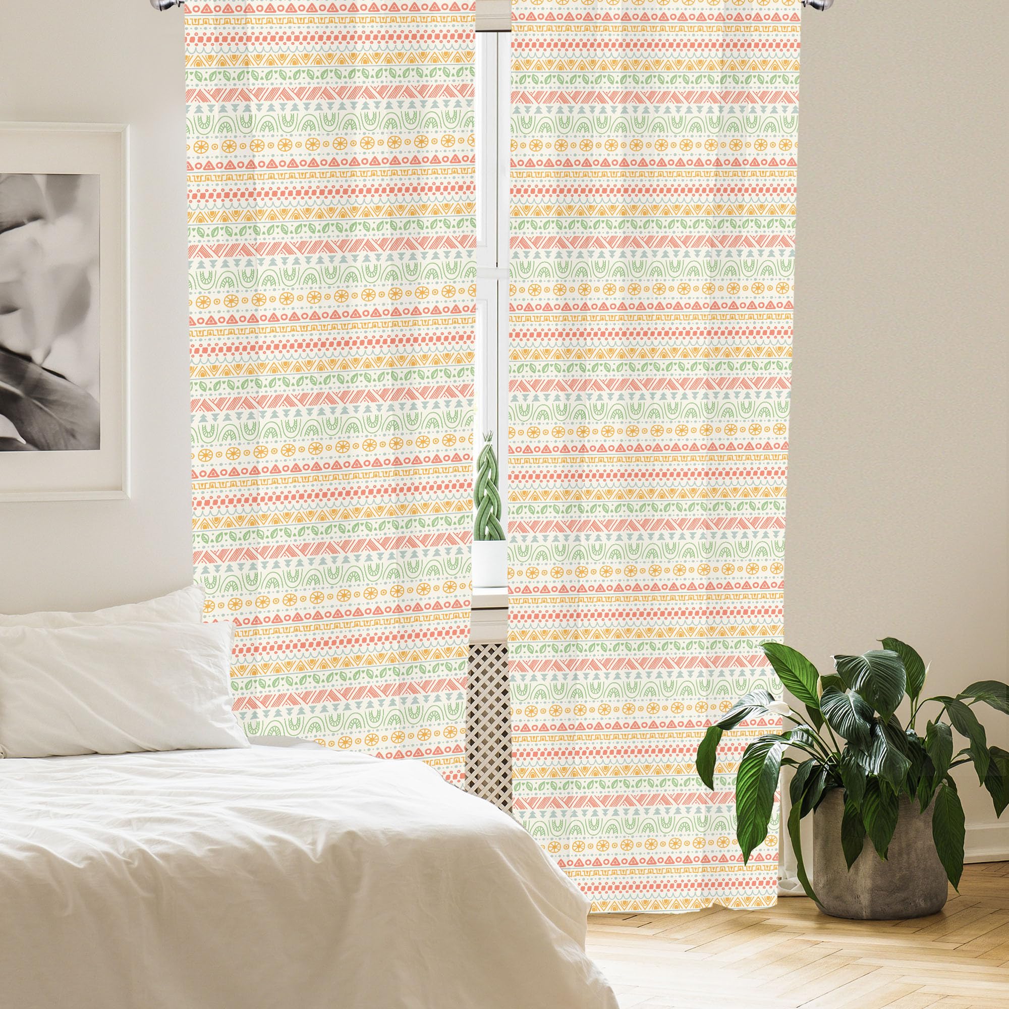 ABAKUHAUS Striped 4 Panel Curtain Set, Folk Soft Pastel Color Aztec Backdrop Round Shapes Triangles Mexican Print - Image 2