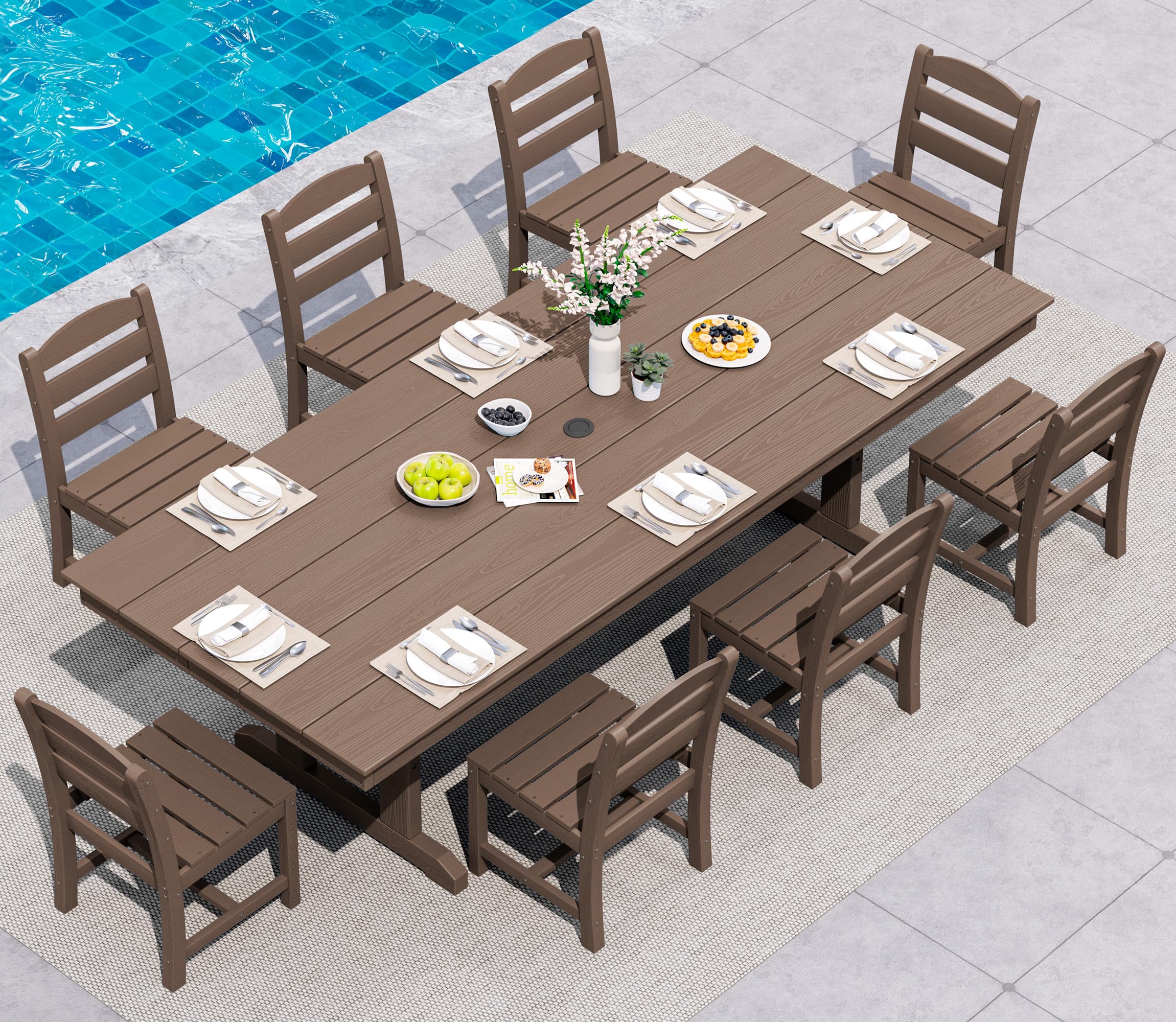 SERWALL 9Pcs 84" HDPE Outdoor Dining Set for 8 with Armless Chairs,Brown