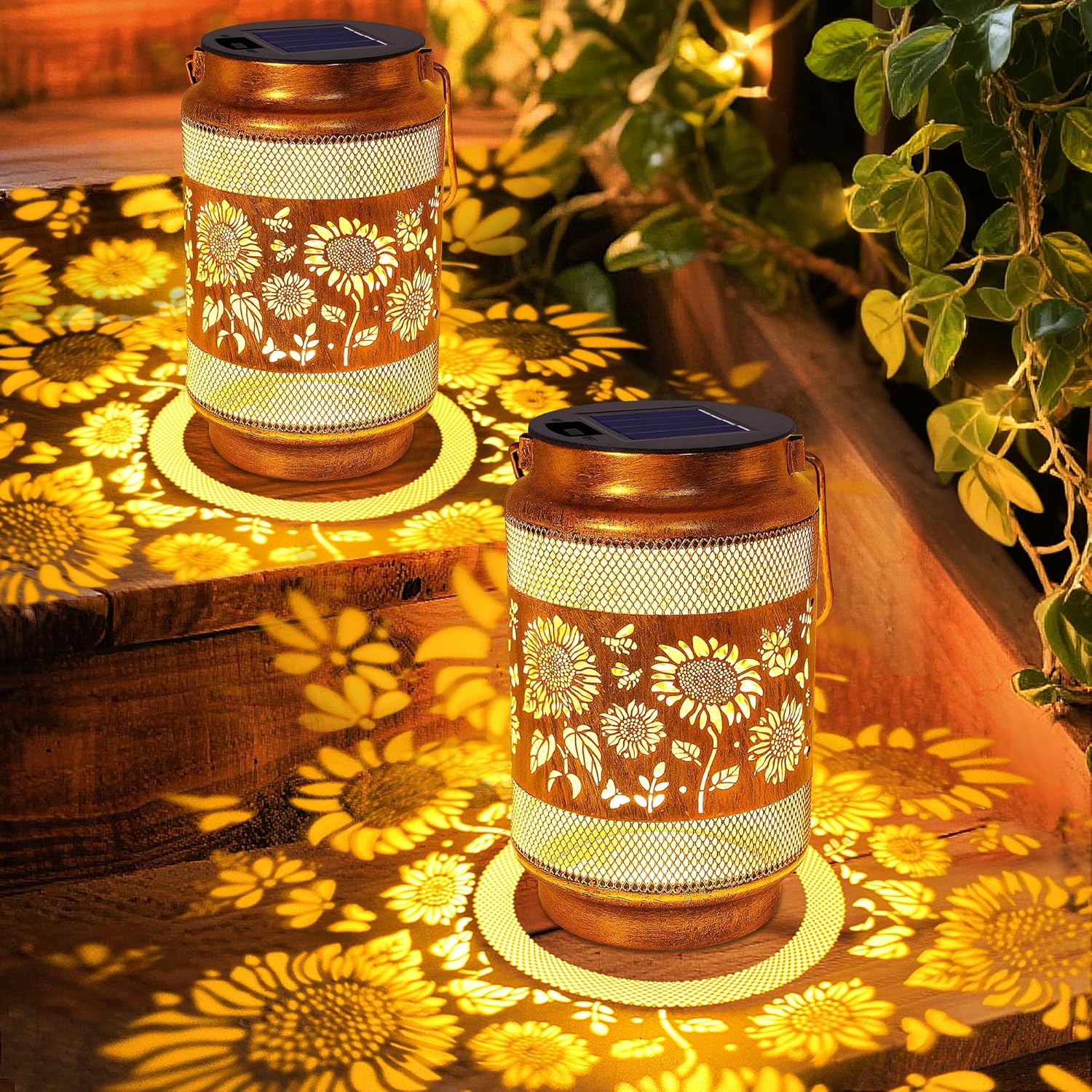 2 Pack Solar Lanterns Outdoor Waterproof Garden Decor, Birthday Gifts for Women Mom Grandma, Metal Sunflower Hanging Solar Lights for Outside Yard Patio Pathway Backyard Porch