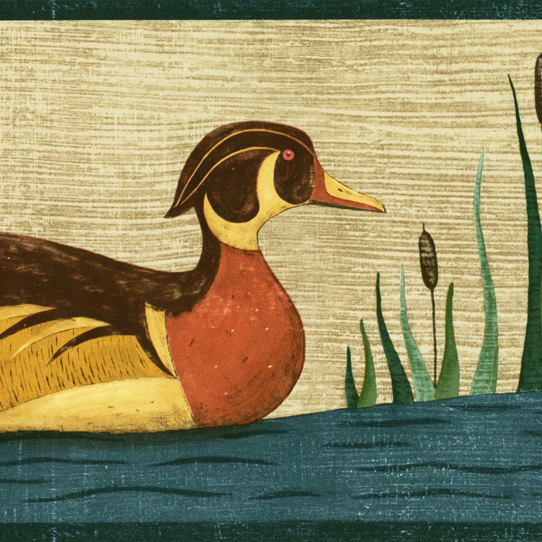 Bordure de papier peint canards flottants pour salon de ferme ambiance nature beige et bleu