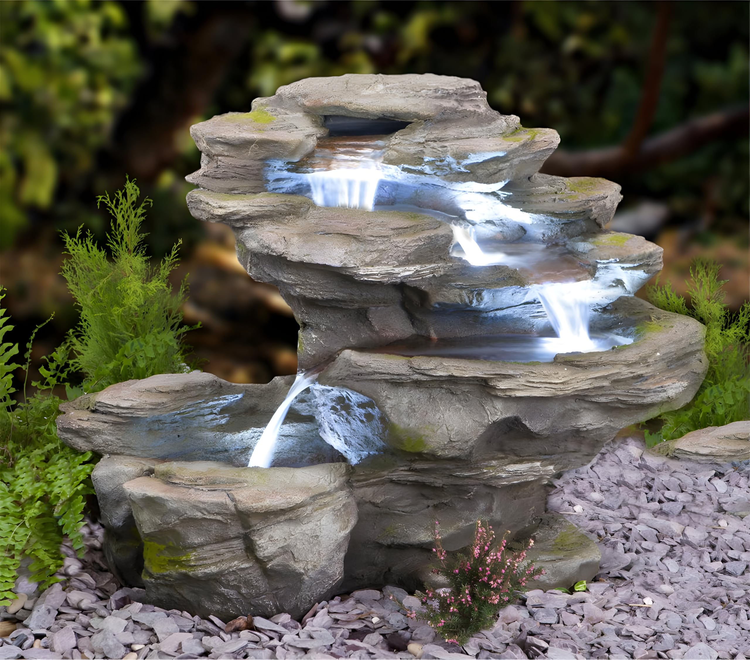 Primrose Stone River Leap 4-Tier Cascading Garden Outdoor Water Feature With Lights H65Cm from B&Q