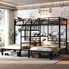 KEIKI Twin Over Twin Over Twin Metal Bunk Bed with Storage Shelves and Stairs, Triple Decker Bunk Bed Frame, Space Saving Heavy Duty Bed with Desk Shelf for Kids Teens Adults, Black
