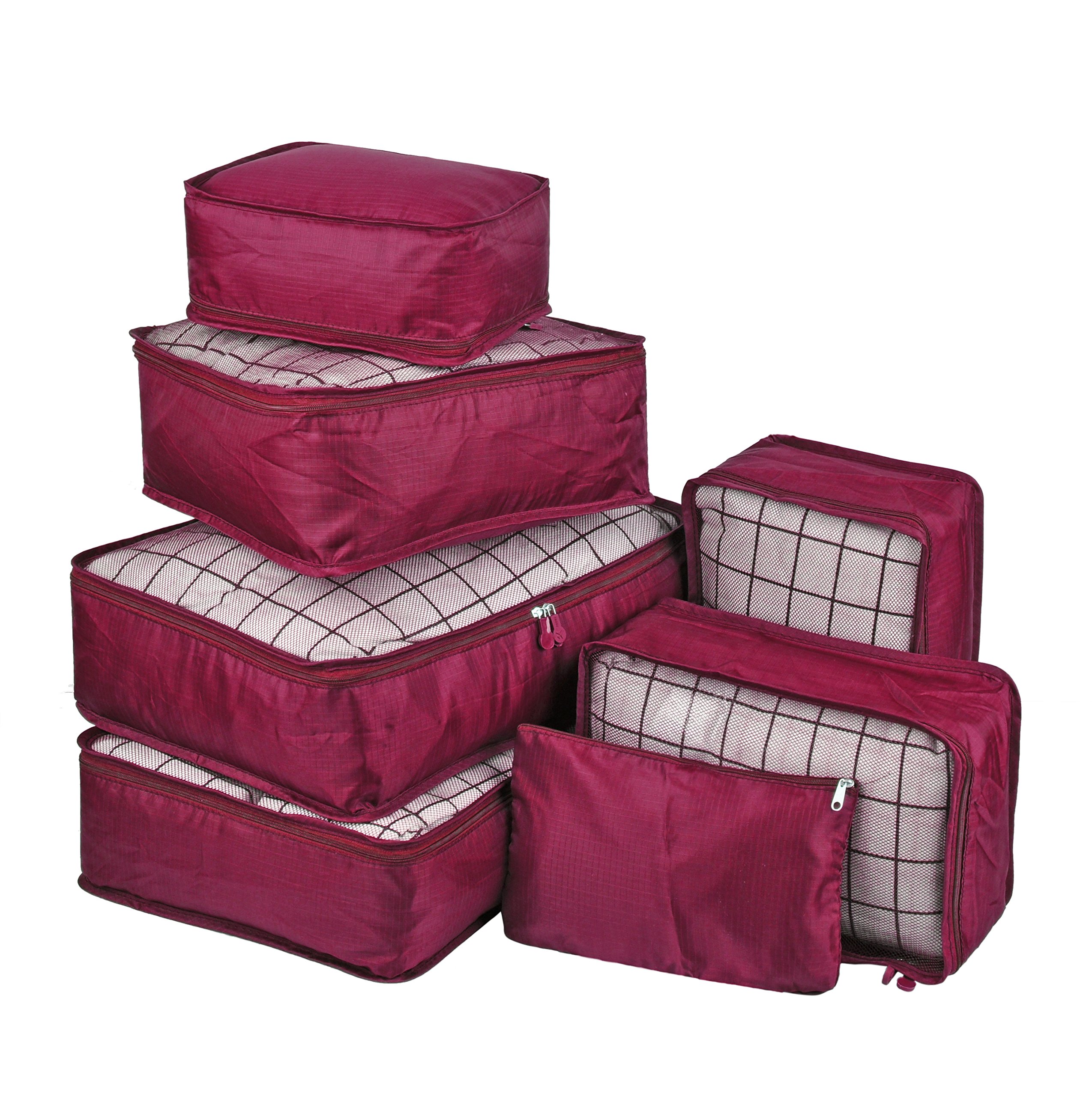 Vercord 7 Set Travel Packing Organizers Cubes Luggage Suitcase Organizer Bags Clothes Underwear Cube Shoe Pouch Pack Burgundy
