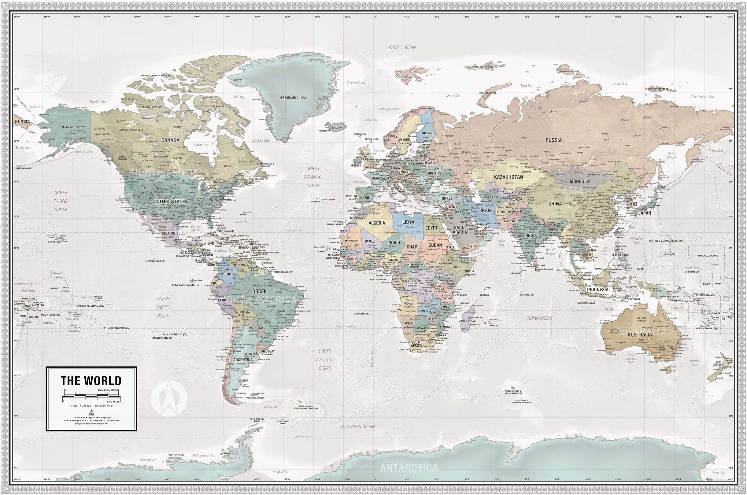 Laminated World Odyssey Map Poster | Executive Style Map | Includes The Most Legible Location Labels | 36” x 24” | Shipped Rolled in a Tube, Not Folded | Great for The Home or Classroom