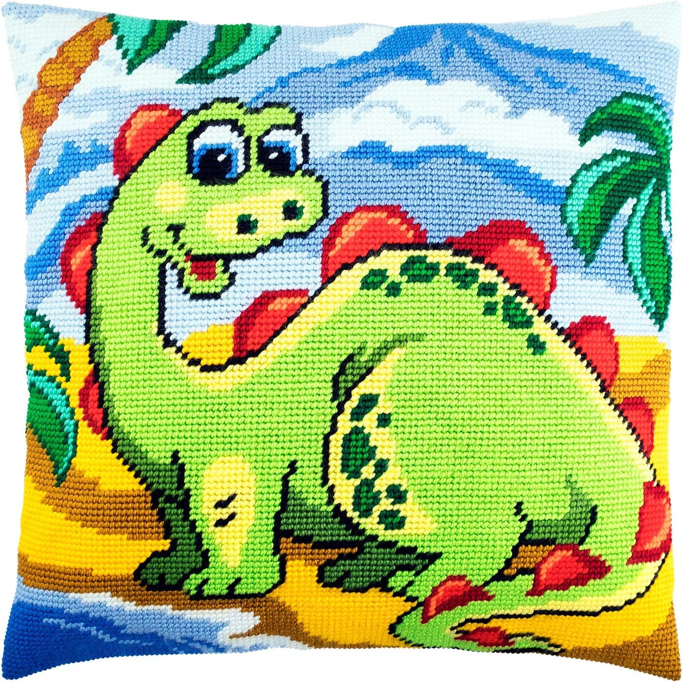 Brvsk Playful Stamped Cross-Stitch Kit for Adults and Beginners — Little Dino 16″ × 16″ with Clear, Precise Printed Design on Cotton Canvas; Includes 2 Needles, Yarn, and Easy-Read Chart
