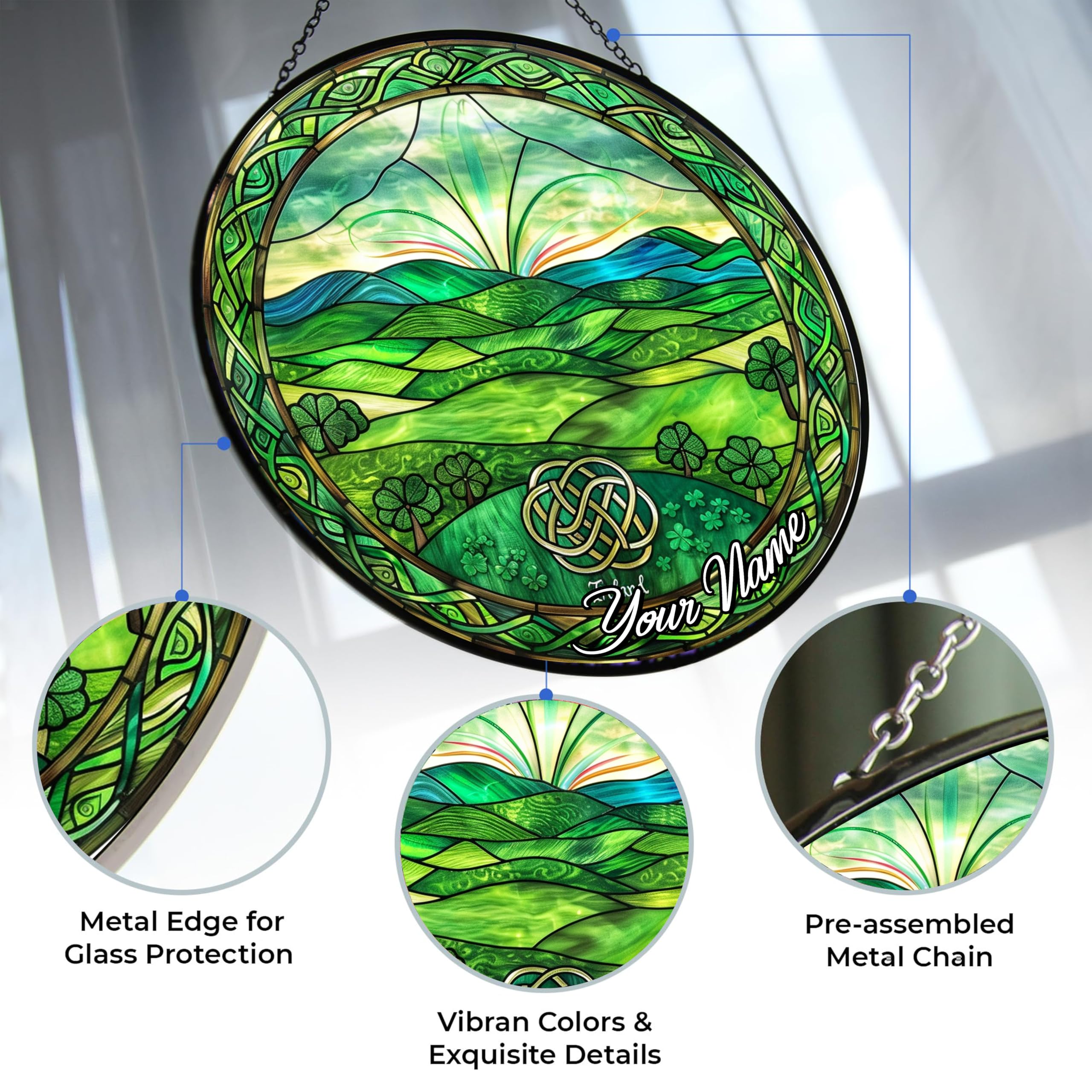 HYPESTYLE Personalized Ireland Suncatchers for Windows,6.3” Stained Glass Window Hangings,Hand-Painted Glass Panel Perfect for Home Décor