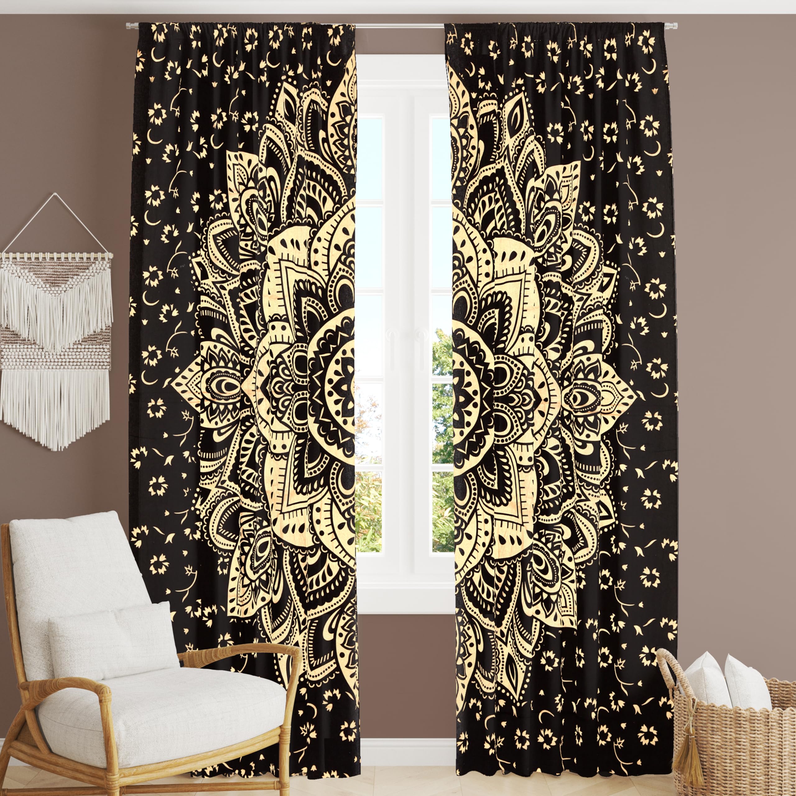 Bless International Beautiful Indian Bohemian Psychedelic Hippie Flower Ombre Window Curtain Panels for Bedroom, Living, Balcony (Black Gold (25x74 Inches)(63.5x188 Cms))