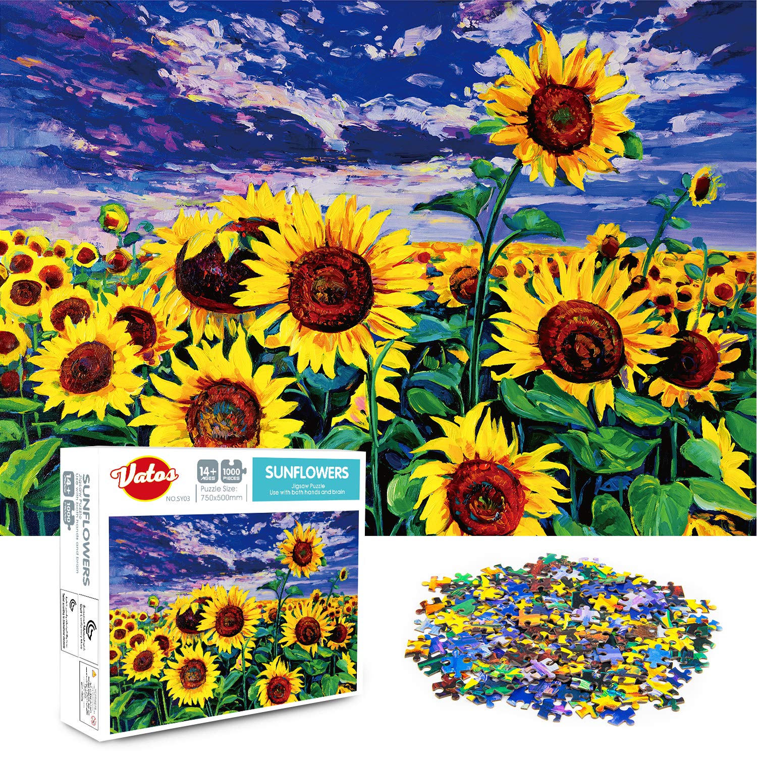 Puzzles for Adults 1000 Piece - VATOS Jigsaw Puzzles for Adults - Sunflowers Large Puzzle Game 1000 pcs Artwork Jigsaws DIY Gifts for Adults Teens Kids Families (27.56’’ x 19.69’’)