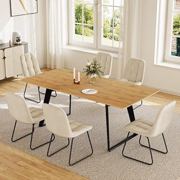 HIPIHOM Dining Table with 4-6 Chairs Set Extendable Dining Table 130-170 cm - Dining Set MDF Table Top & Metal Frame Kitchen Table/Dining Room Table for 4-6 1 Dining Table + U Shape 6 Beige Chairs