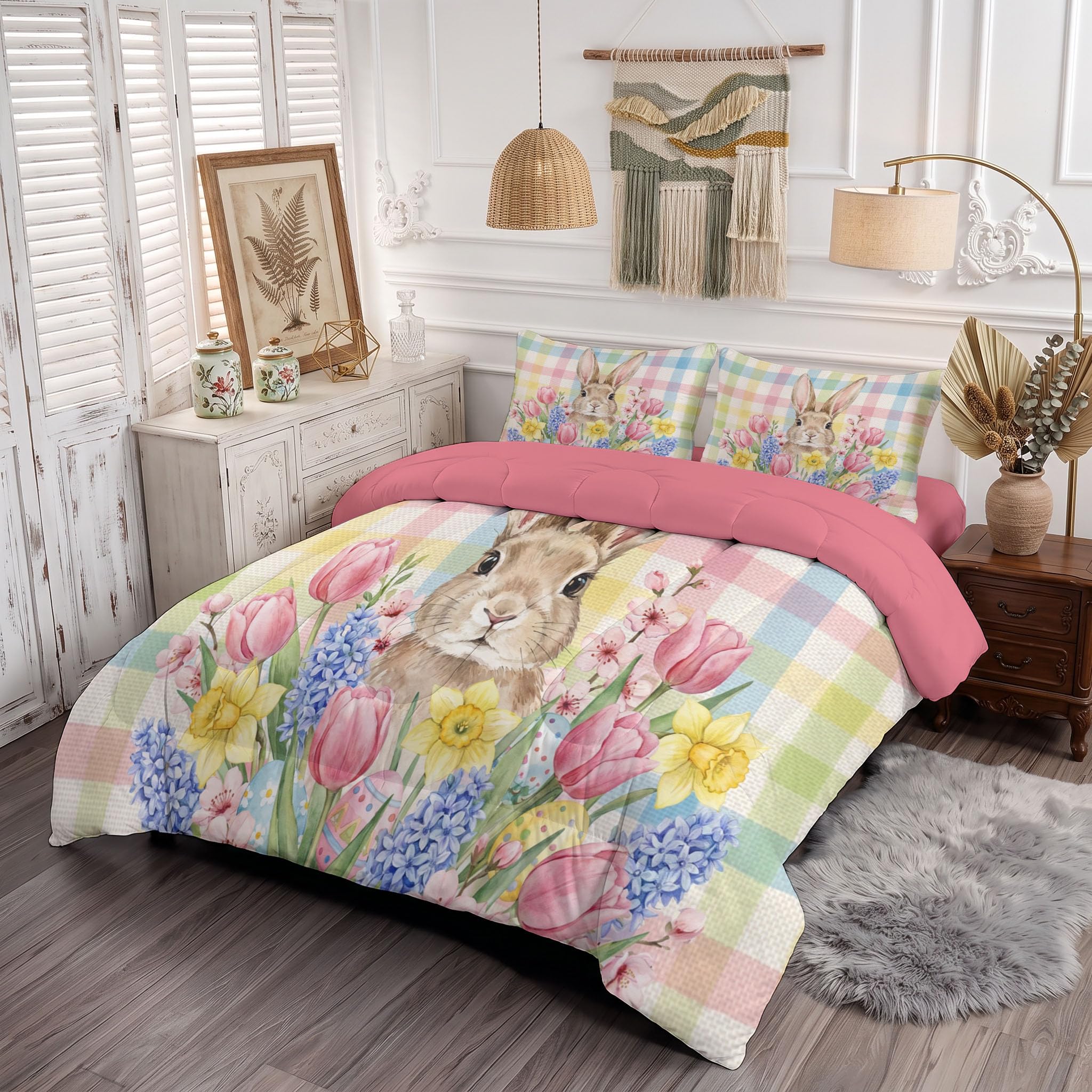 Piumino Letto Singolo Scozzese Floreale Country 140X200 Cm Per 4 Stagioni, Piumone In Microfibra 200 G/M² Coniglietto Carino Ad Acquerello Invernale, Trapunta Morbida Traspirante, Rosa