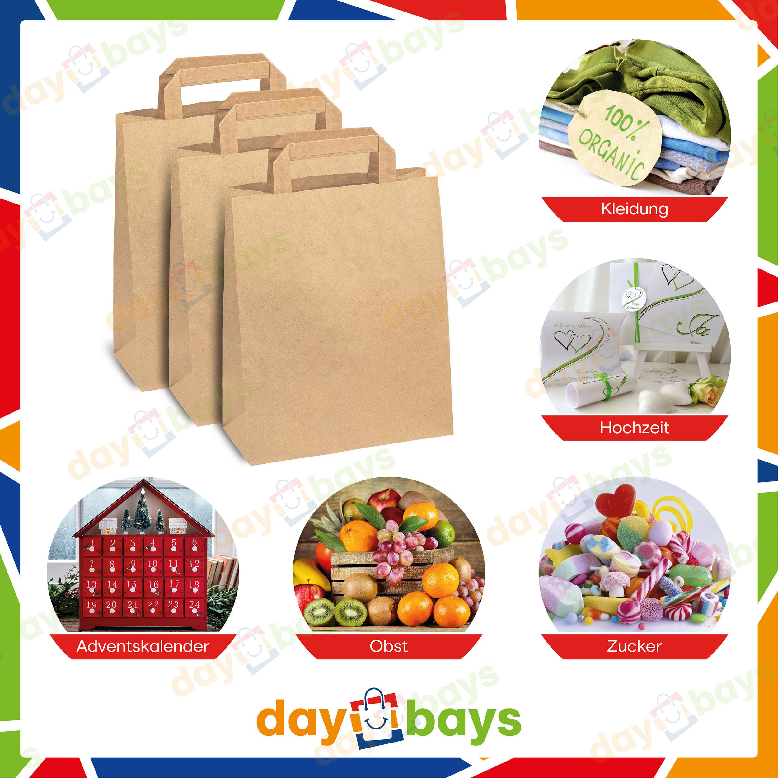 Daybays Papiertüten 18+8 x 22 cm Braun, 1000 Stk. Geschenktüten Papiertragetaschen mit Henkel aus Kraftpapier, Papiertaschen Geschenktüte Papiertüte klein (1000)