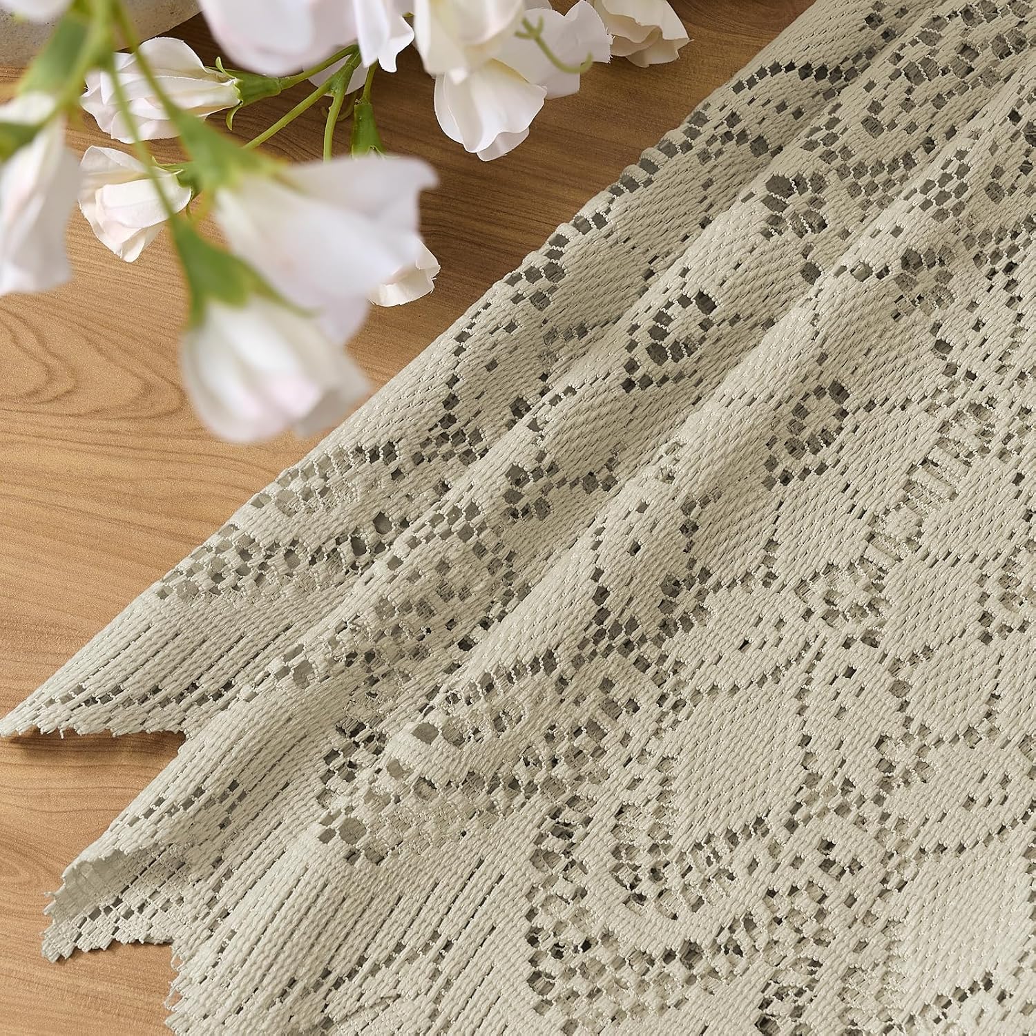 Khaki Boho Valance for Kitchen French Farmhouse Crochet Short Lace Valance for Bathroom Closet Light Filtering Eyelet Pocket Neutral Vintage Shabby Chic Curtain Tier for Basement, 1 Panel, 36"Wx24"L