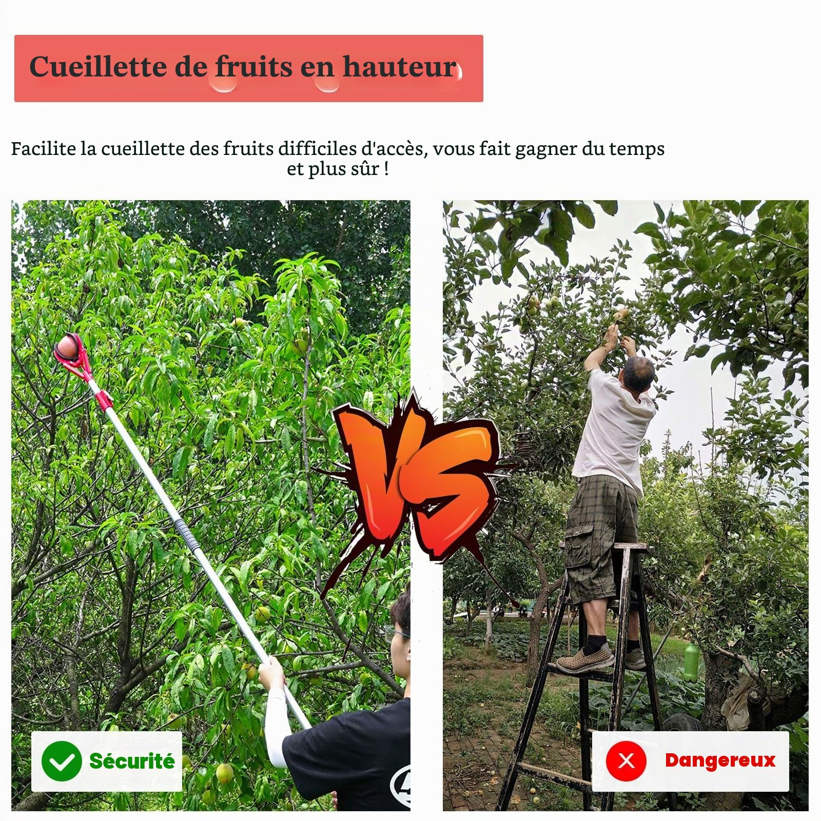 AMUFJJ cueille Fruit telescopique Pomme Pince À Fruits Télescopique en Aluminium, pour Mangues, Avocats, Oranges, Pêches Et Figues, avec Ouverture De 15 Cm.(3.3ft (1m) - 4.9ft (1.5m))
