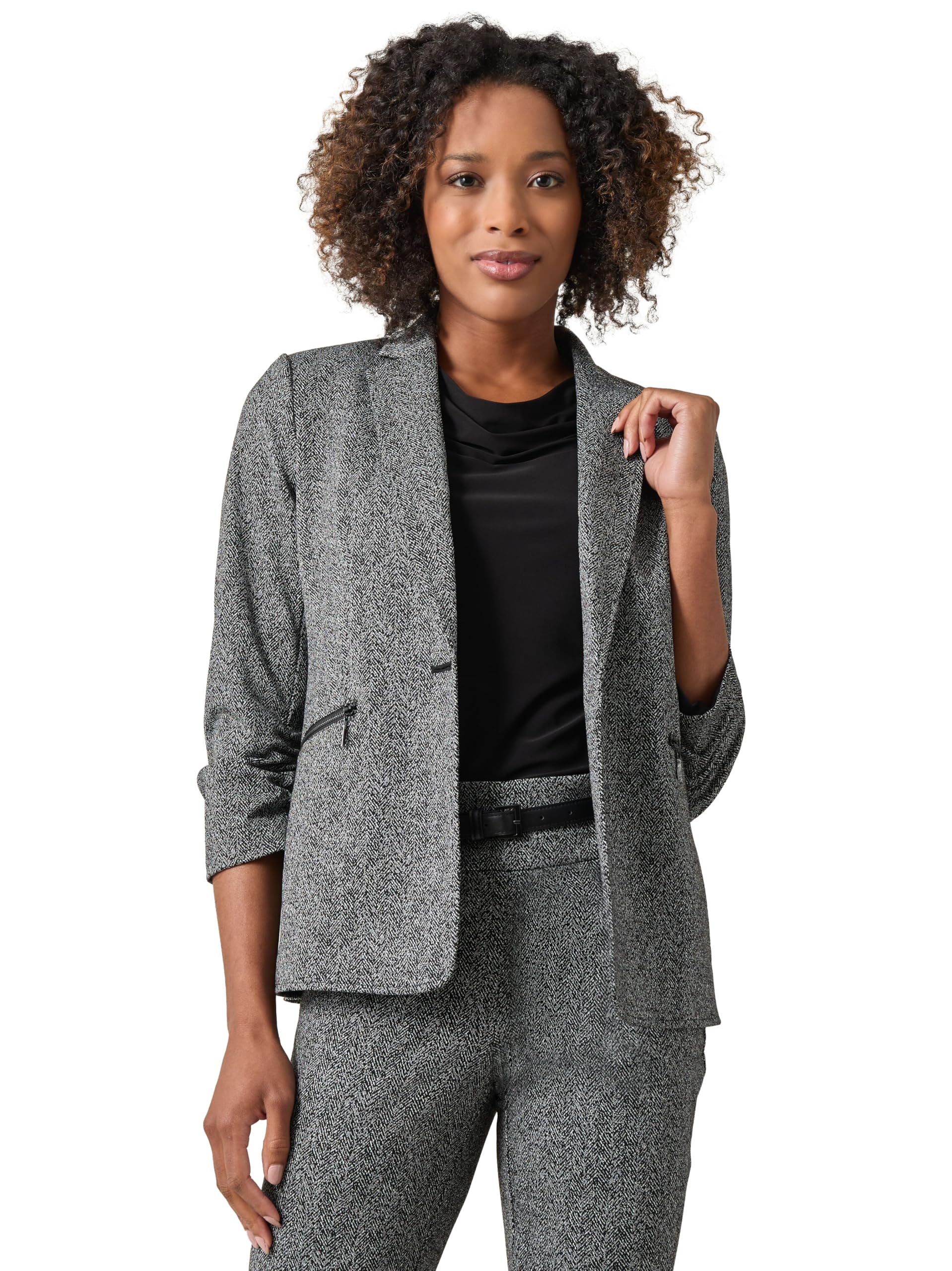 Kasper Womens Herringbone One Bttn Jacket W Zipper Poc