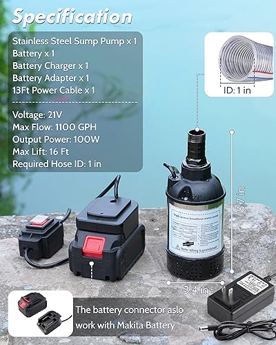 Miniatura 4 de Bomba de transferencia de agua sumergible inalámbrica de 21 V, bomba de sumidero alimentada por batería de 1100 GPH para bañera de hidromasaje,
