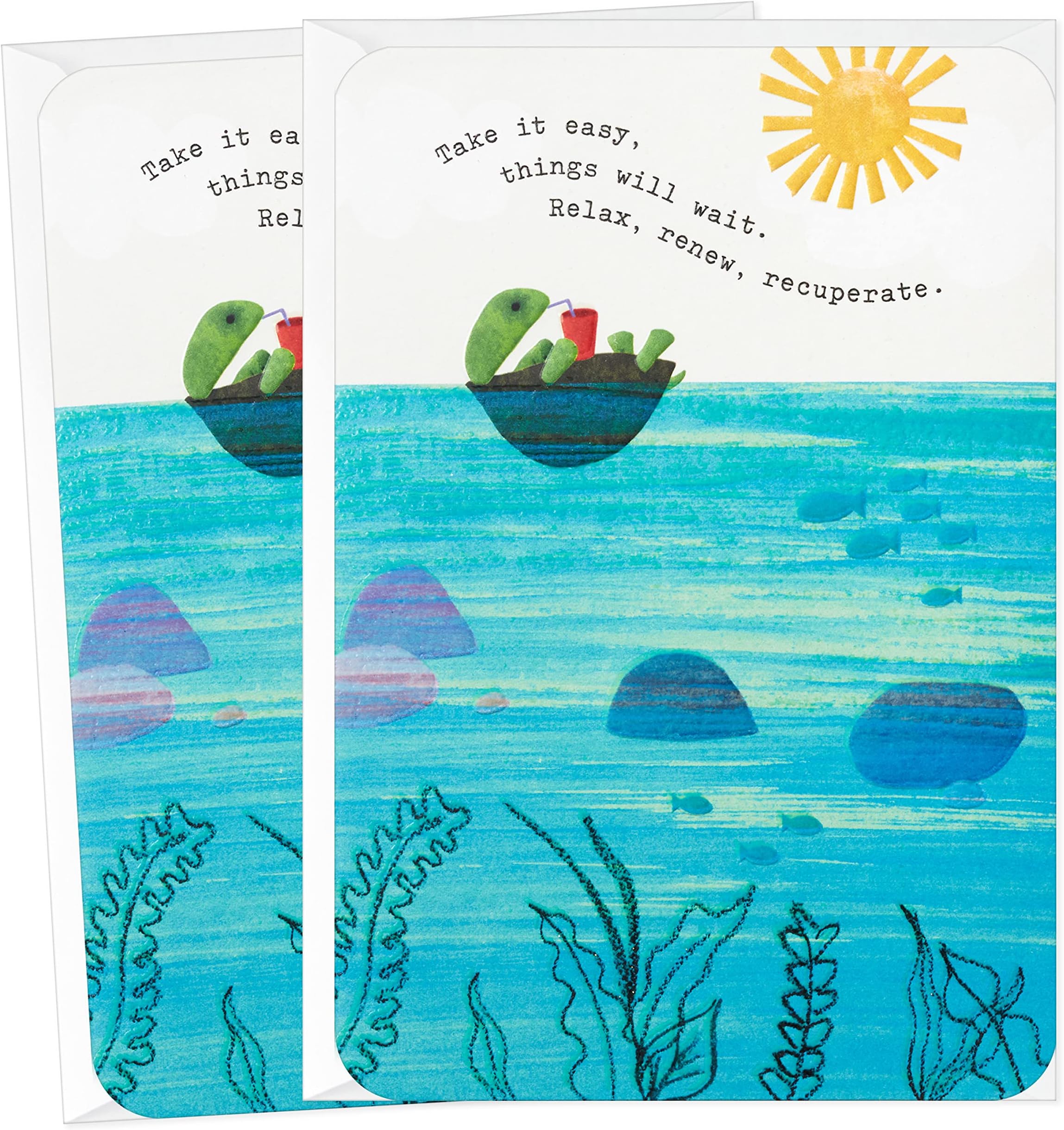 Pack of 2 Get Well Soon, Encouragement Cards (Floating Turtle)