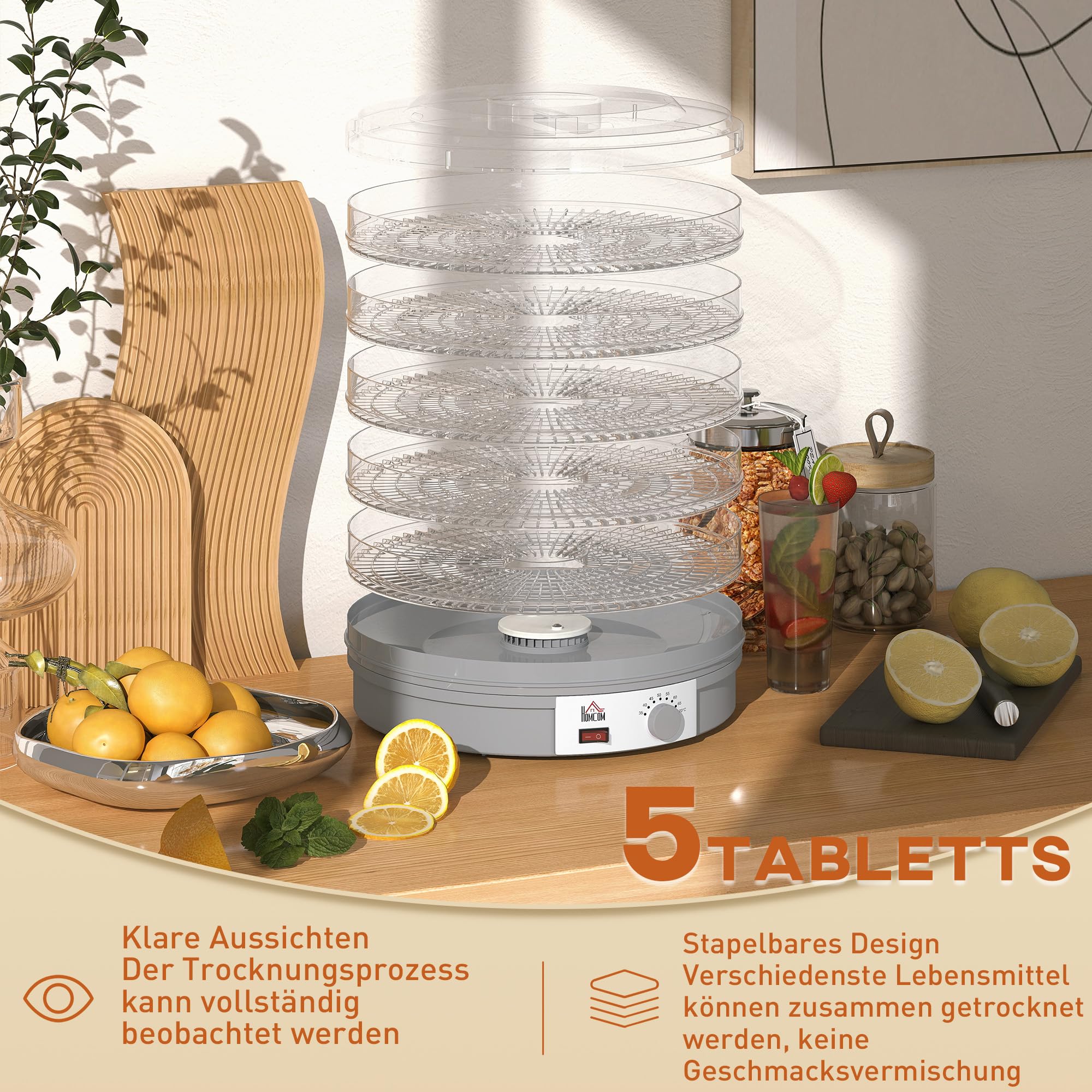 HOMCOM Dörrautomat Dörrgerät, 245 W, 35-70°C Temperaturregler, 5 Einlegefächer, Dehydrator für Lebensmittel, Obst, Fleisch, Gemüse, Blumen, BPA frei