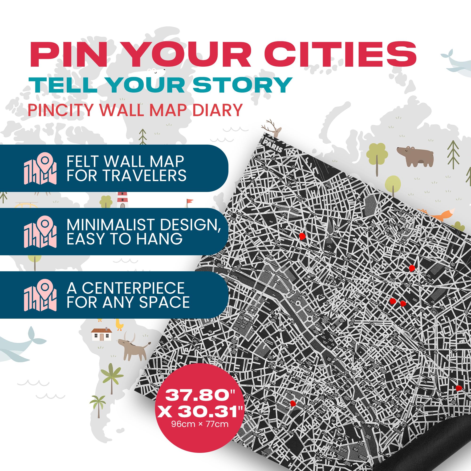 Palomar Pin City - Mappa da Parete Parigi, Nero