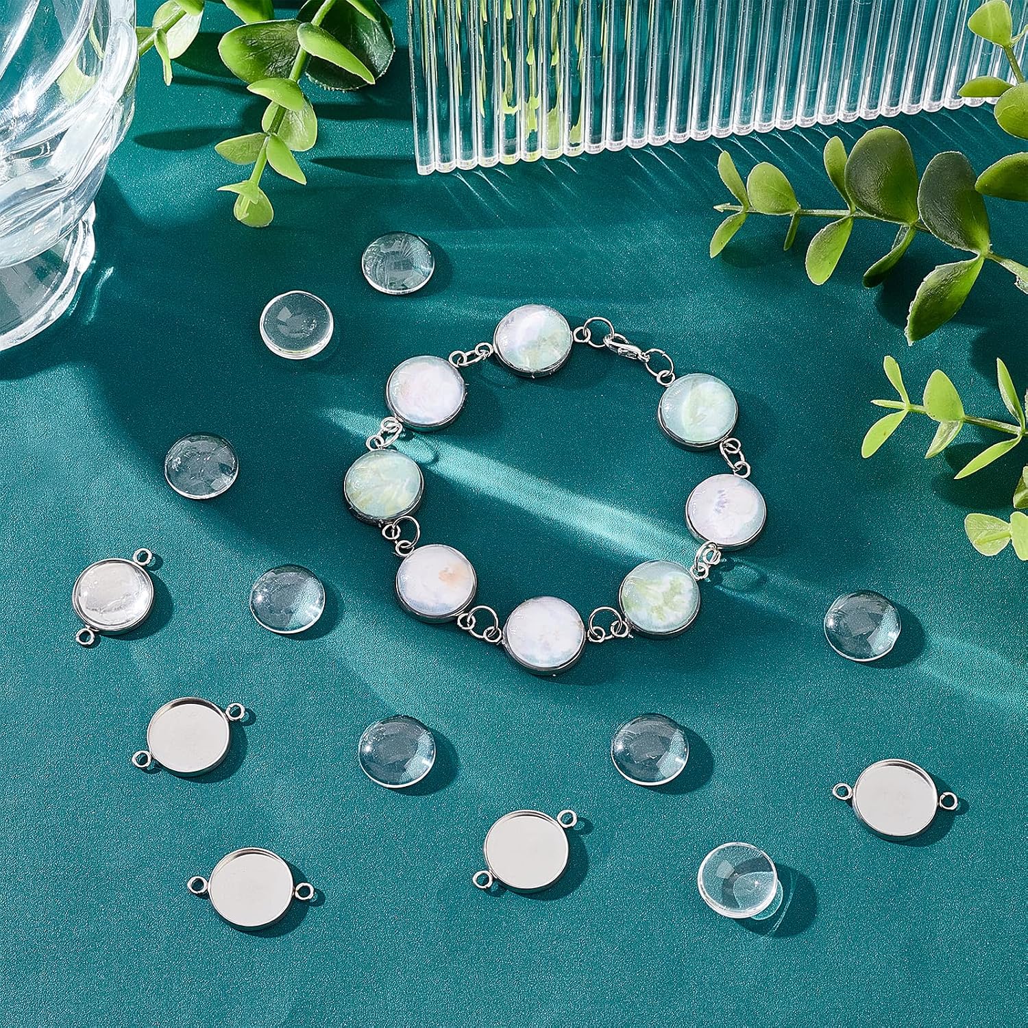 PH PandaHall 100pcs 14mm Stainless Steel Cabochon Connectors Charm Settings Round Pendant Cabochons Bezel Trays with Clear Glass Cabochons Flat Round Blanks Trays for Jewelry Making 21.5x16x2mm image 2