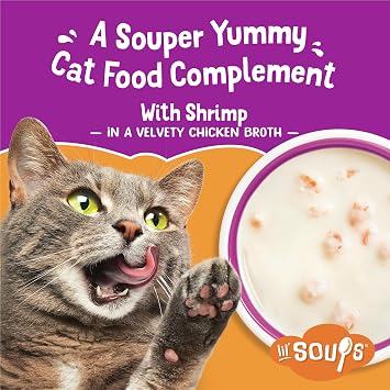 Purina Friskies Lil Soups Cat Food Topper, Shrimp, 8 Count, 1.2 oz Cups | Grain-free lickable recipe with real chicken in a velvety broth, no fillers, artificial colors or preservatives