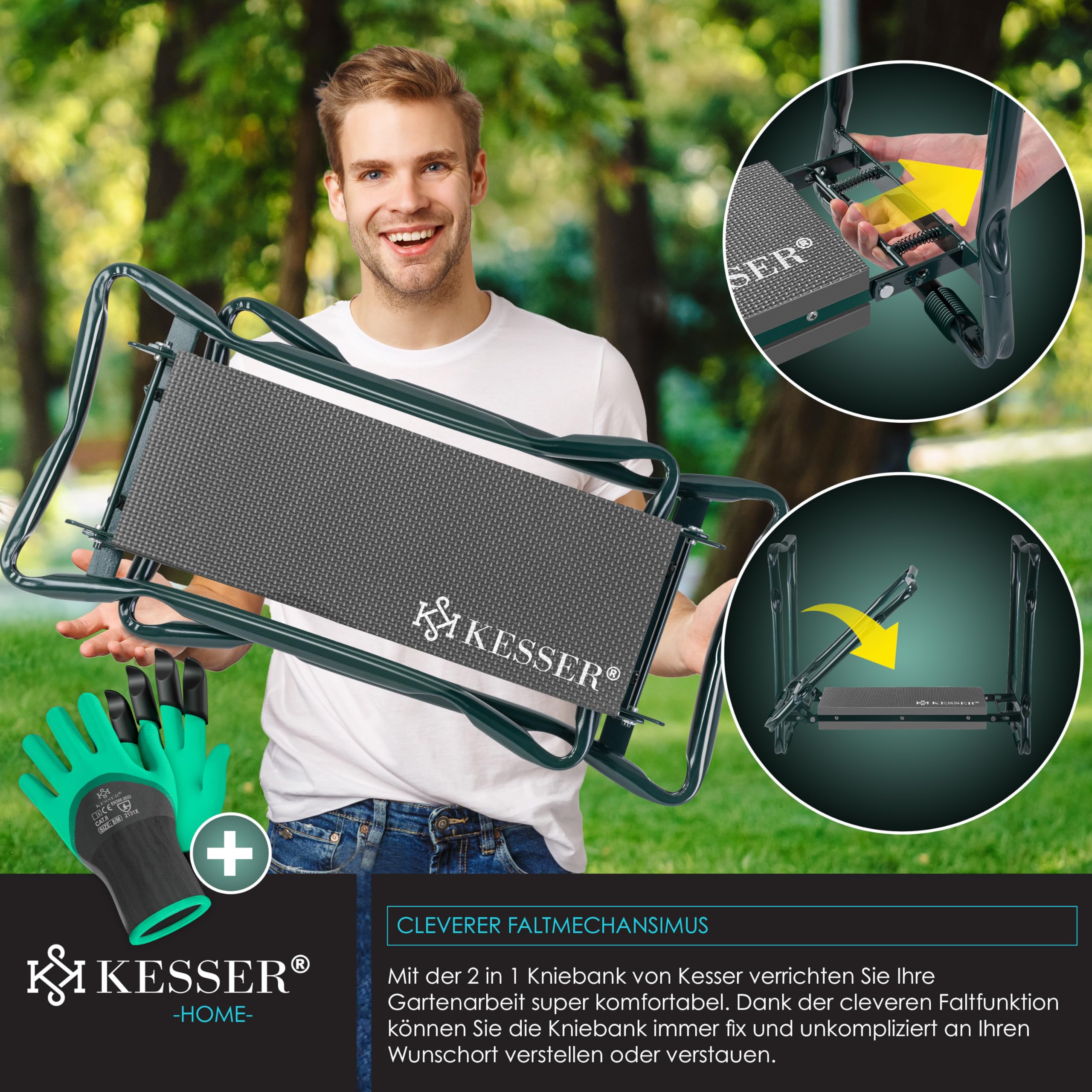 KESSER® 2 en 1 XXL Genouillère de Jardin Rembourrée Coussin d'assise avec 2X Trousses à Outils Banc de Jardin Réglable en Hauteur 60 x 50 x 27 cm jusqu'à 150 kg, Anthracite Orange