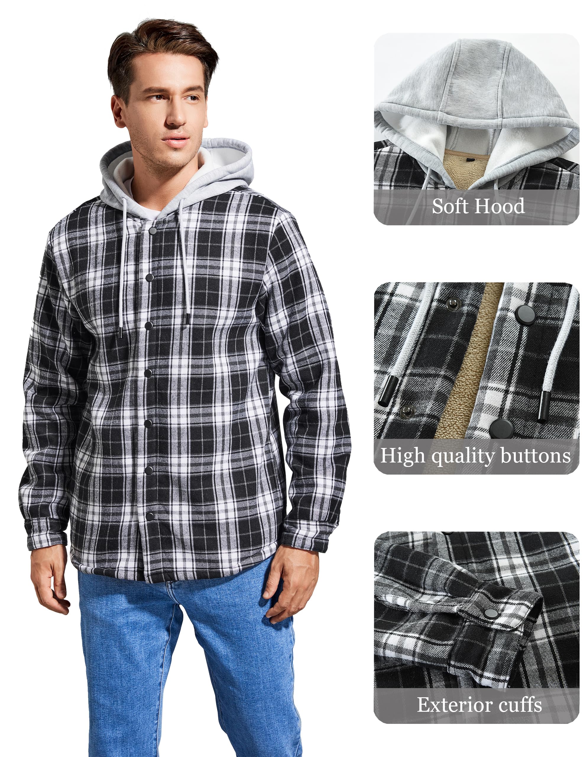 IVUMA Herrenhemden, Baumwolle, kariert, langärmelig, Fleece-gefüttert, Flanellhemden, Sherpa-Mantel mit Kapuze