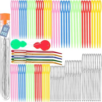 Yarn Needles Set 97 Pcs,Plastic Large-Eye Blunt Needles for Kids,Stainless Steel Yarn Knitting Needles,Crafting Knitting Weaving Stringing Needles,Sewing Needles with Threaders for Crocheting 97
