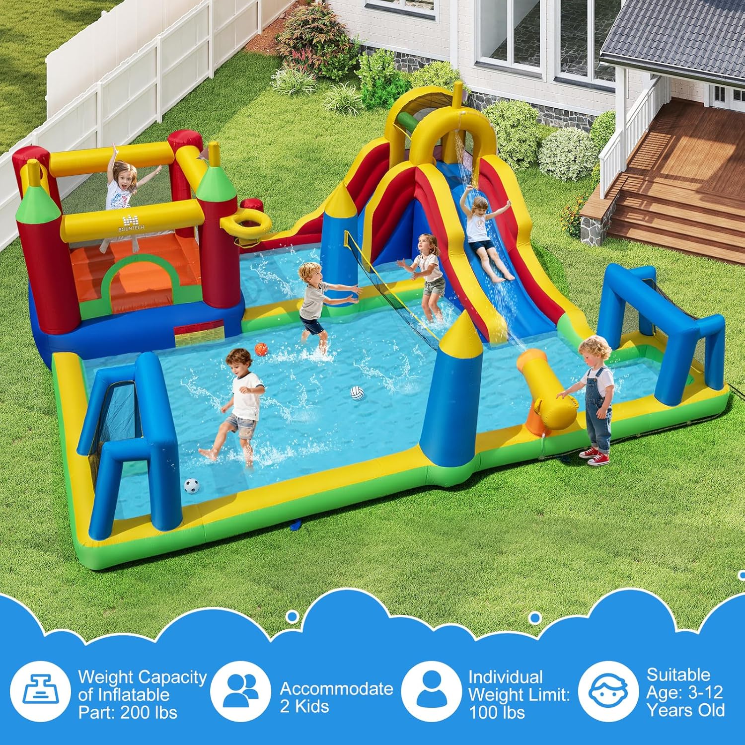 BOUNTECH Inflatable Water Slide Park, 9-in-1 Water Jump Castle with Bounce House, Football Goals, Volleyball, 680W Air Blower, Blow up Water Slides Inflatable for Big Kids 3-12 Backyard Party Gifts